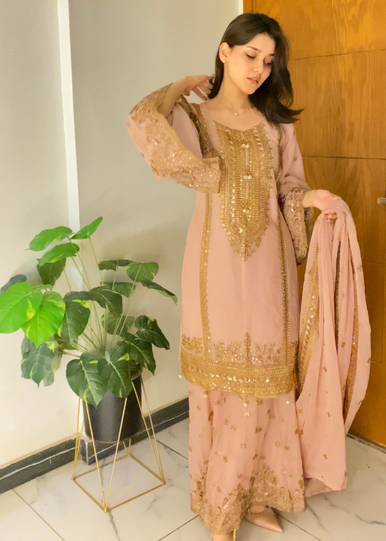 chiffon Gharara in Tea rose pink