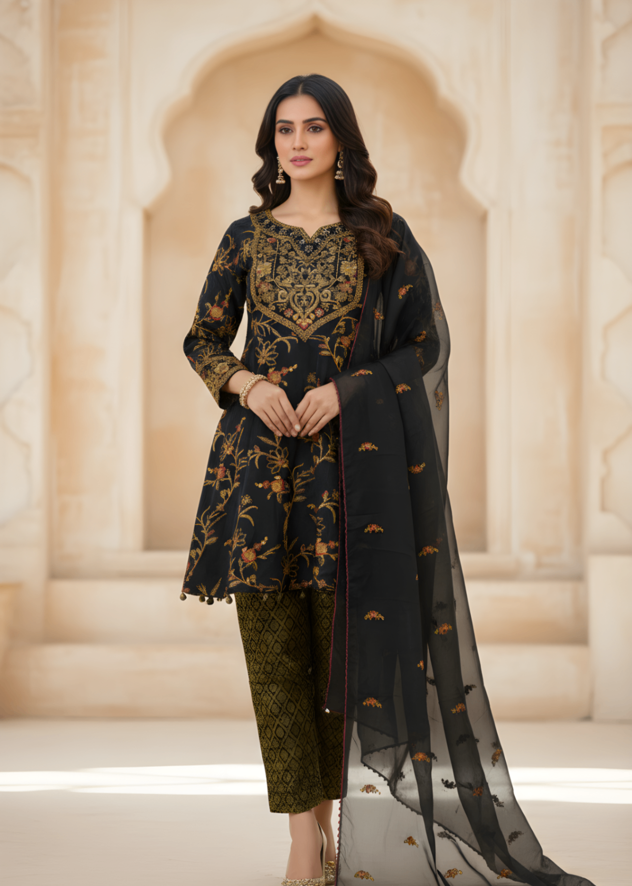 tissue silk Short Frock in Black