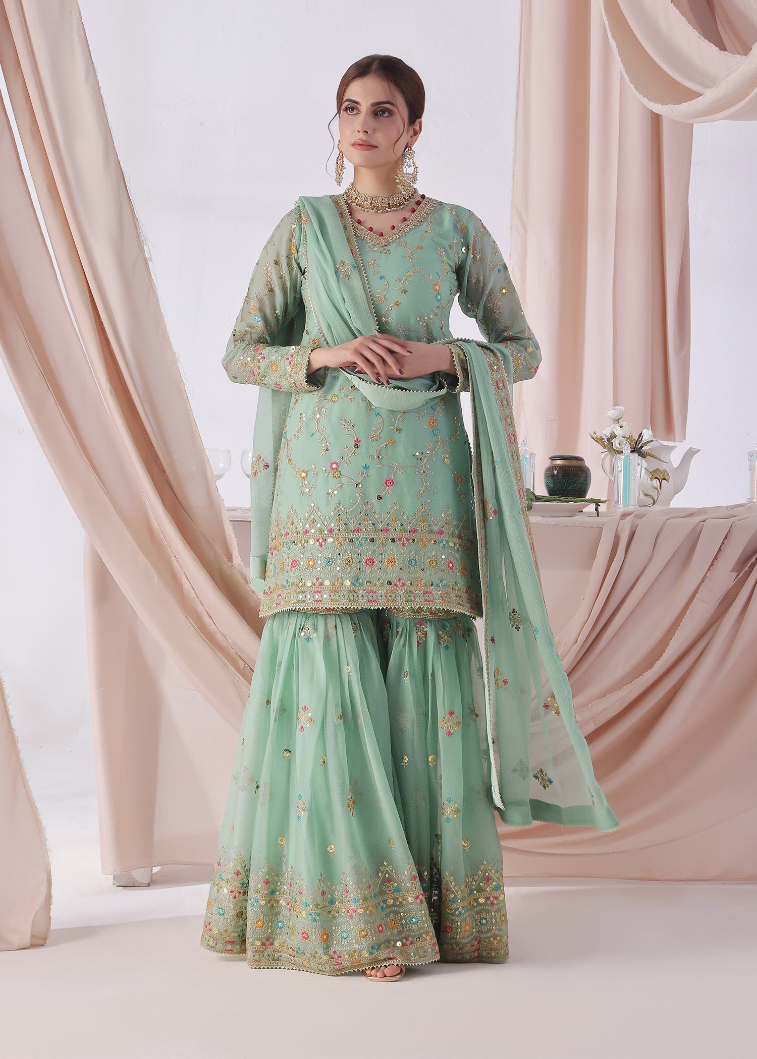 chiffon Gharara in Aquamarine