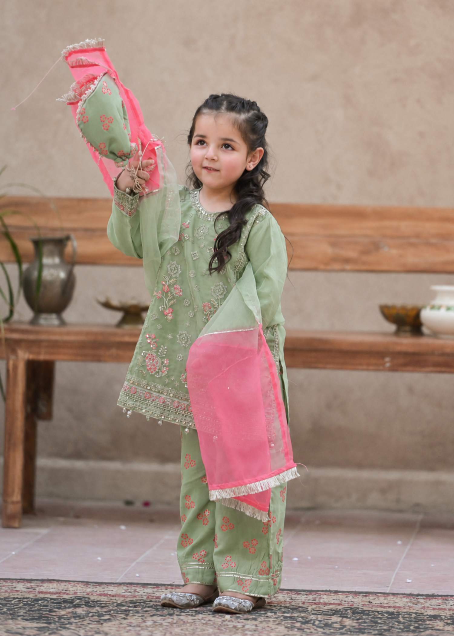 organza Kurta Set in Tea green