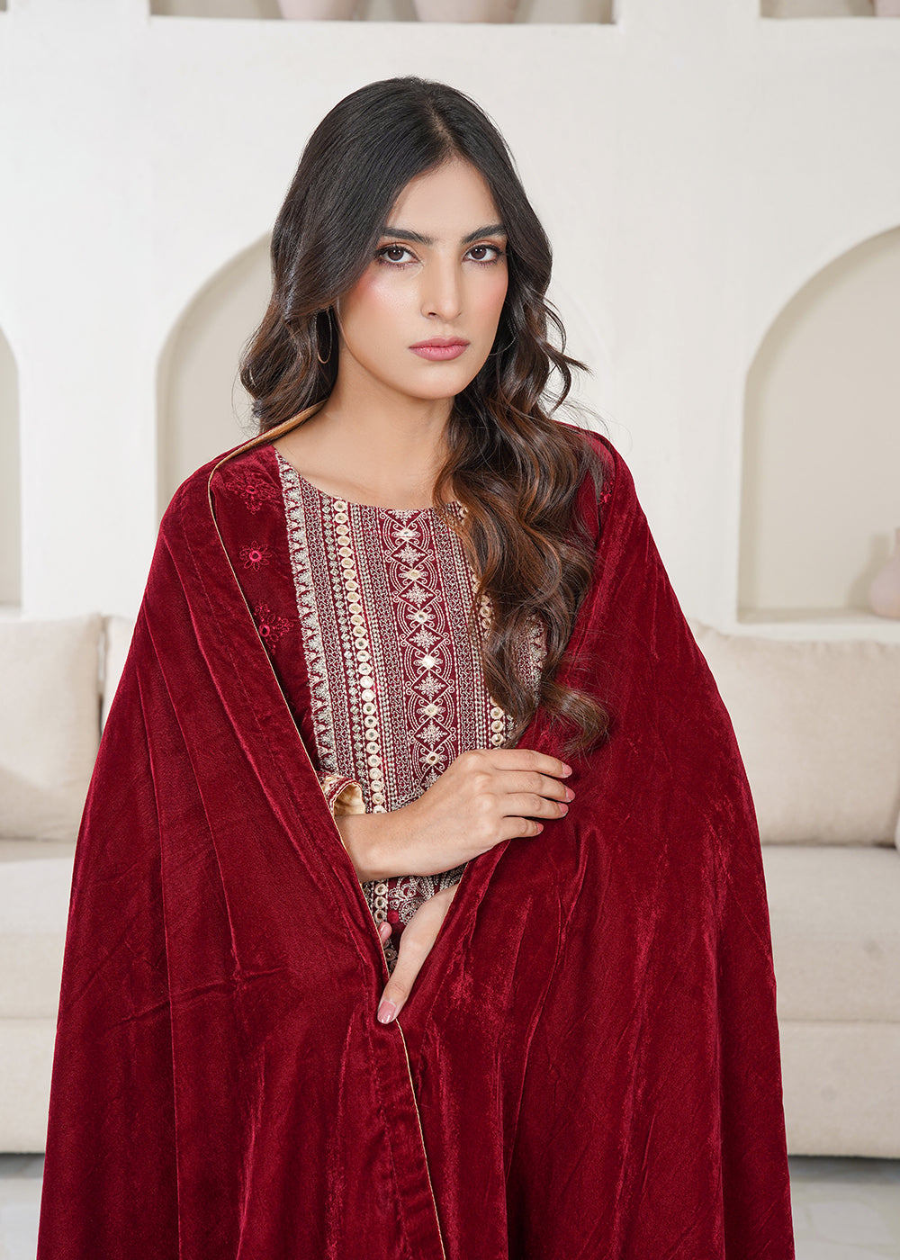 velvet Kurta Set in Maroon