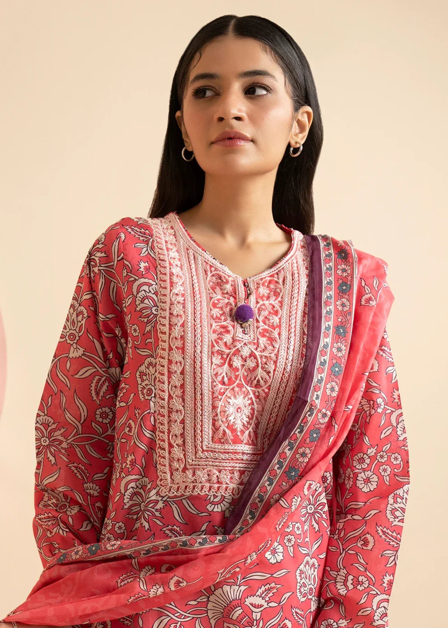 cambric Kurta Set in Coral red