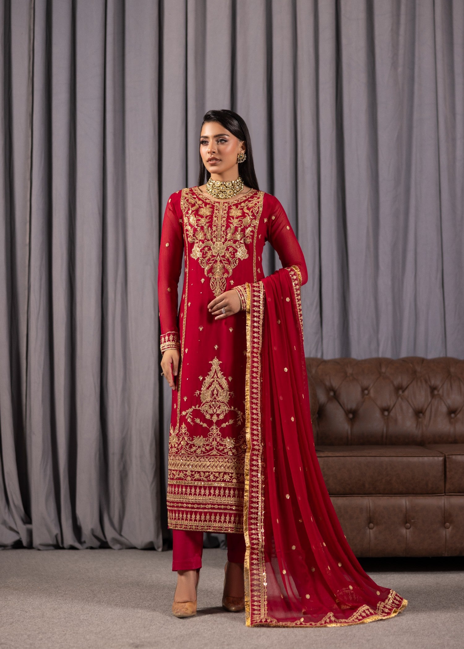bemberg crinkle chiffon Kurta Set in Hot pink red