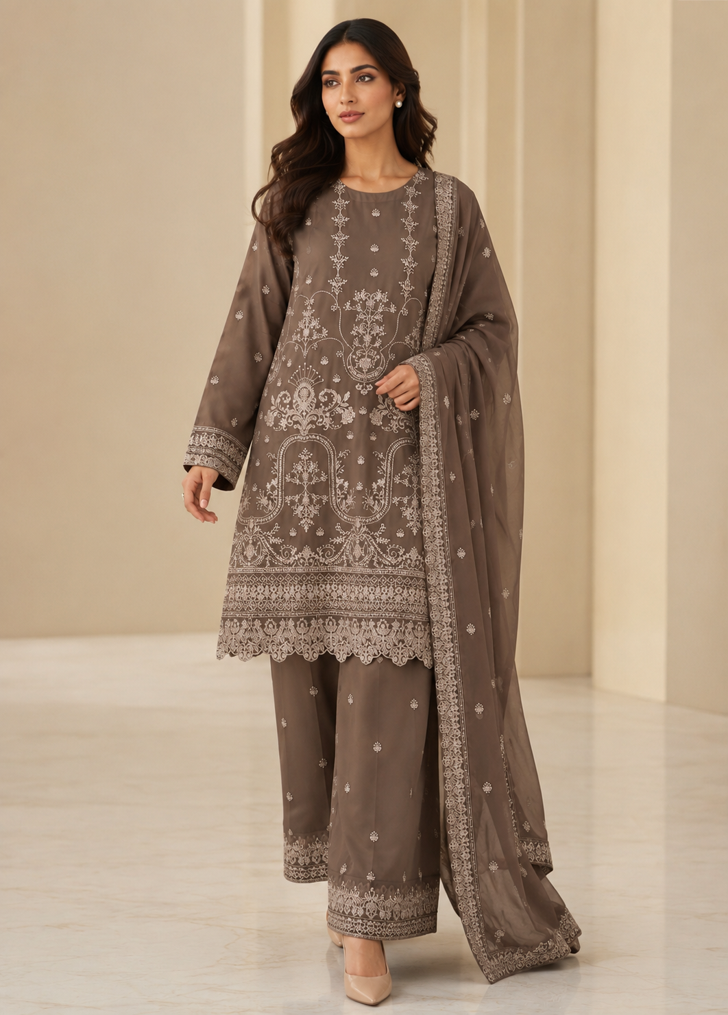 chiffon Kurta Set in Caramel brown