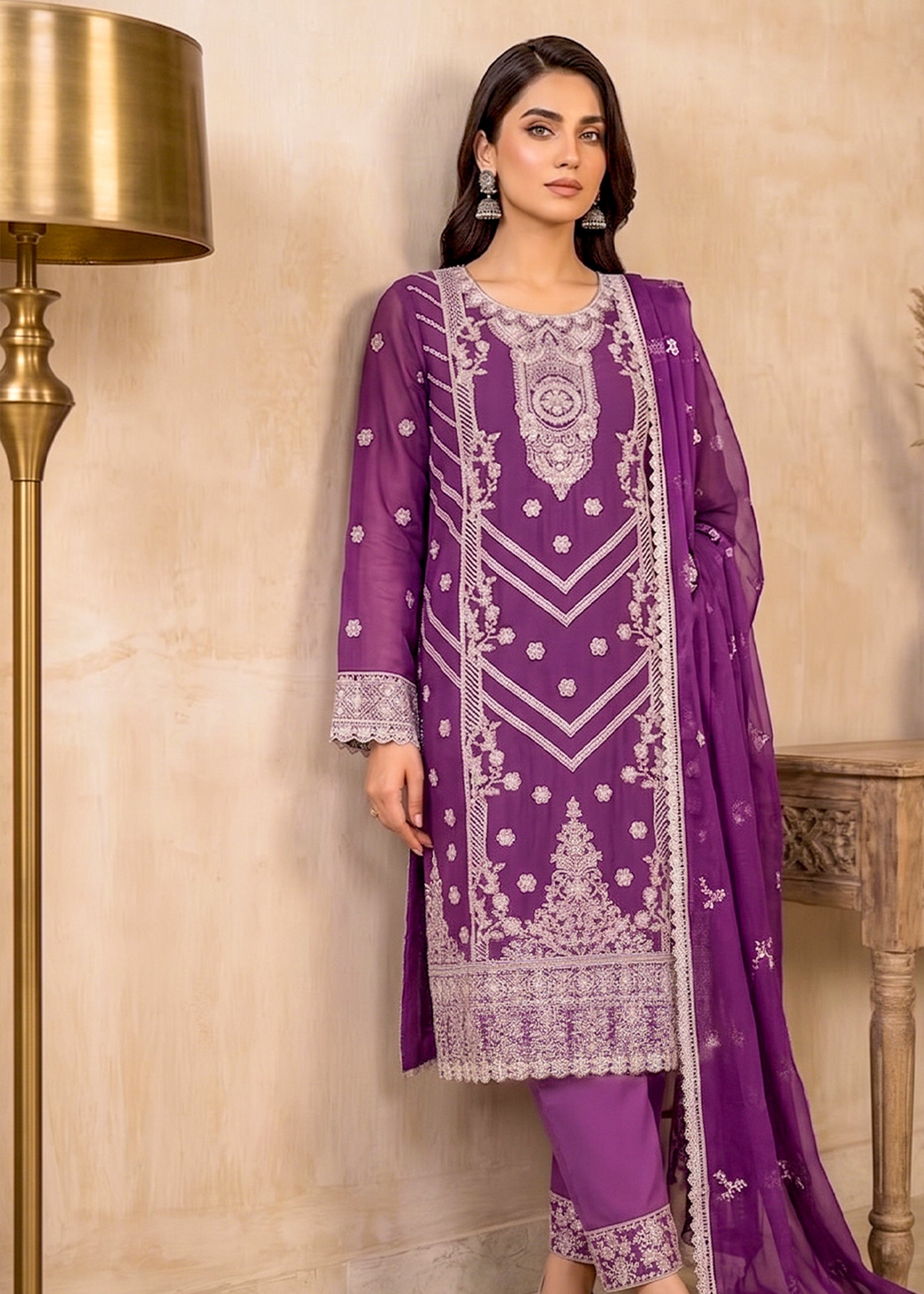 chiffon Kurta Set in Violet
