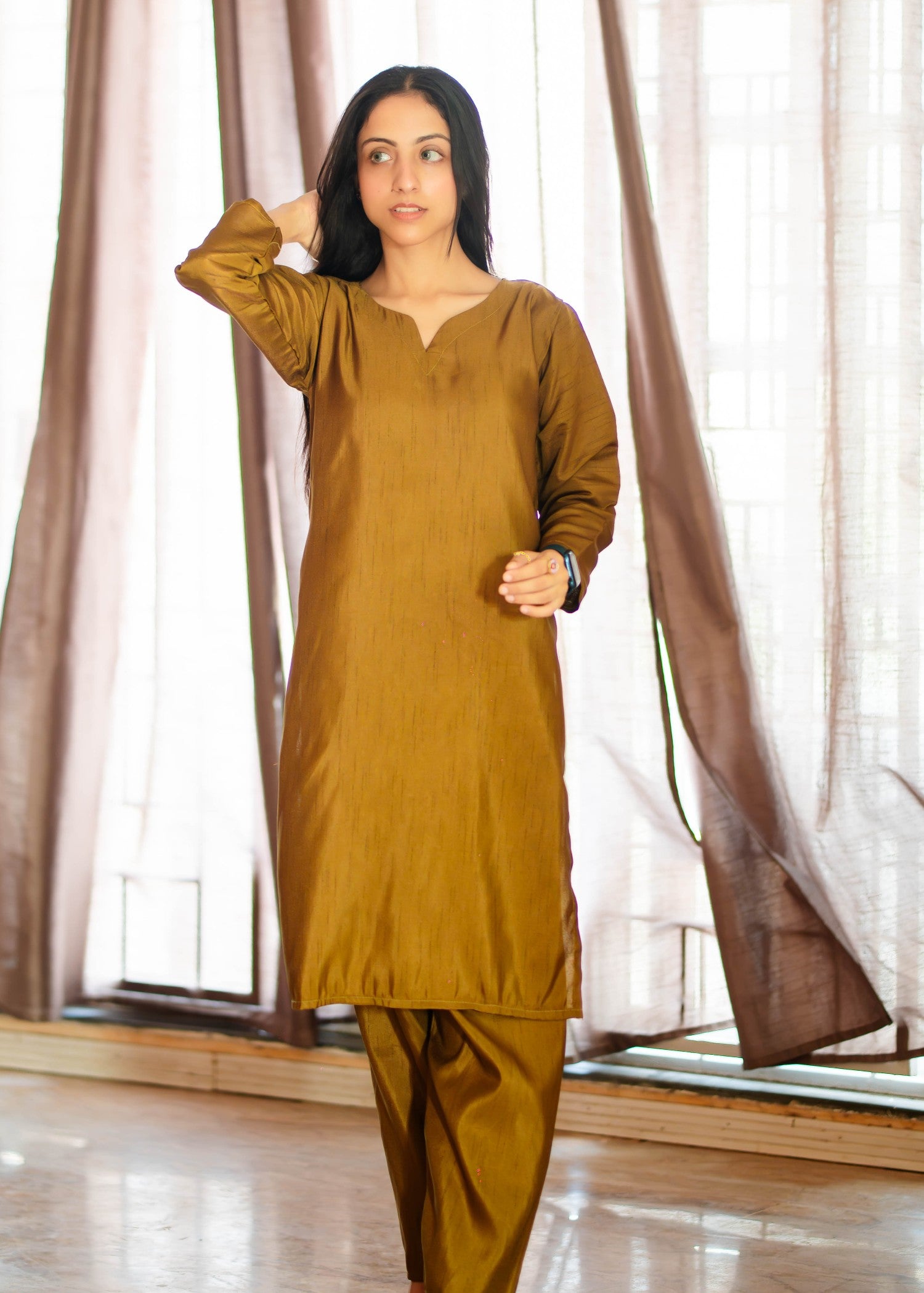 viscose raw silk Co Ord Sets in Russet brown