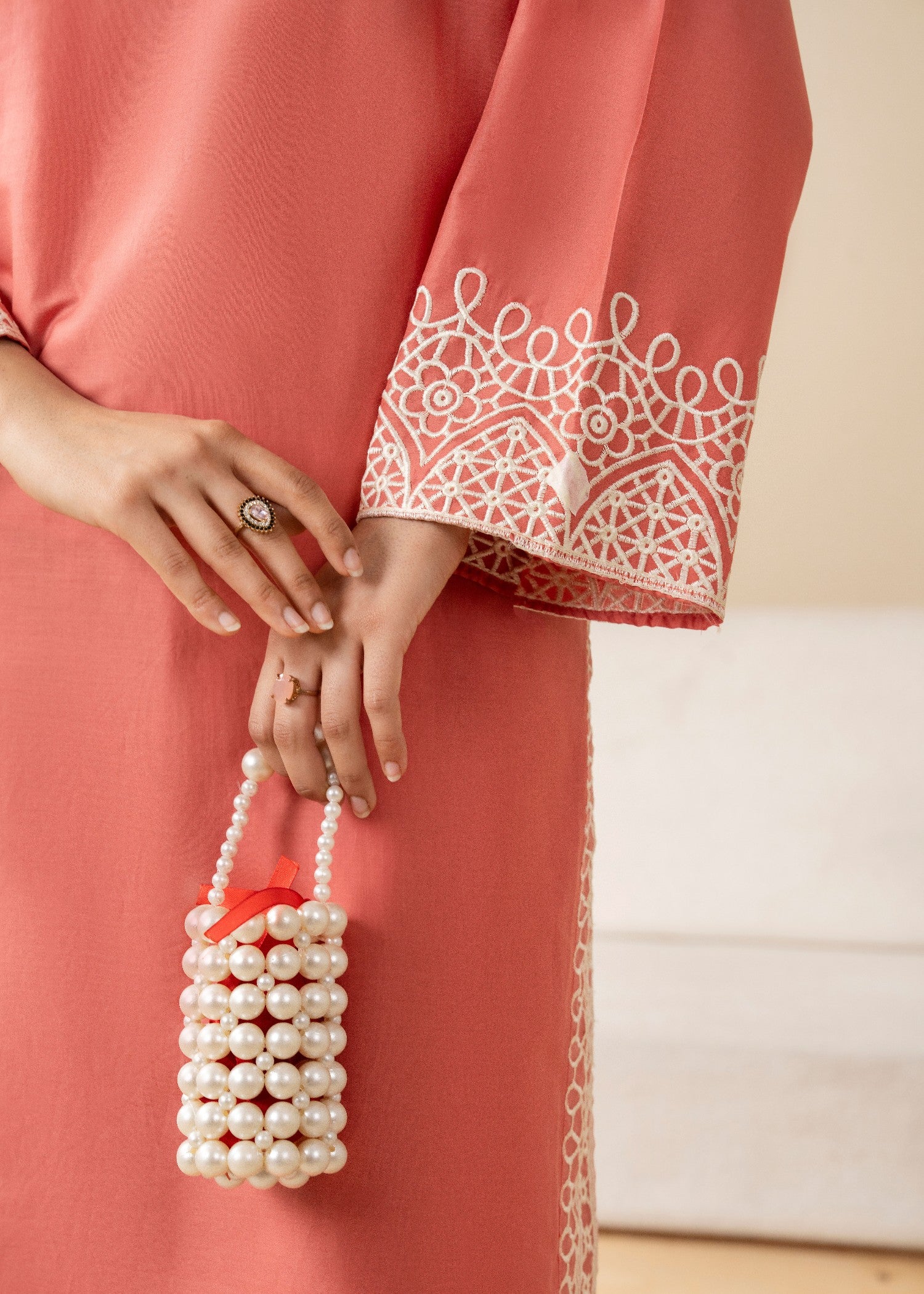 lawn cotton Kurta Set in Peach pink