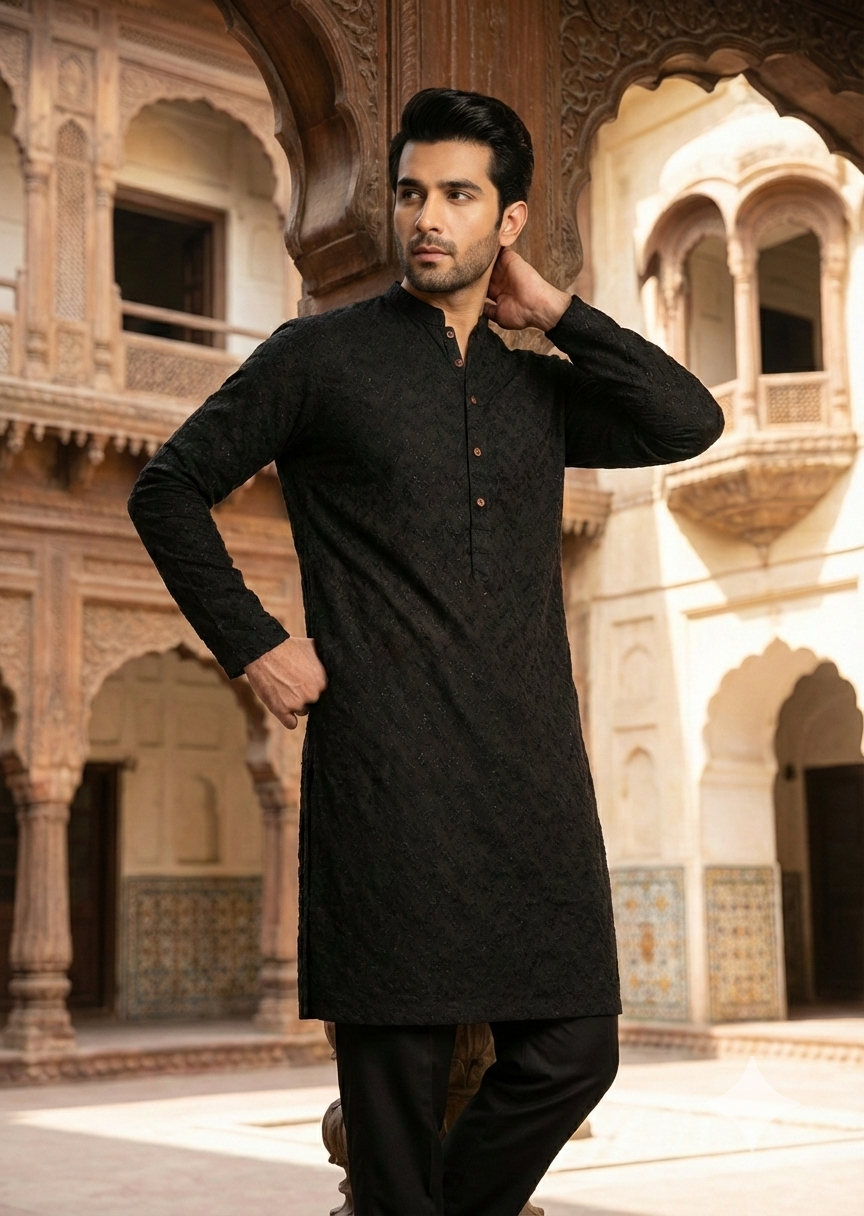 chikankari cotton Kurta in Black