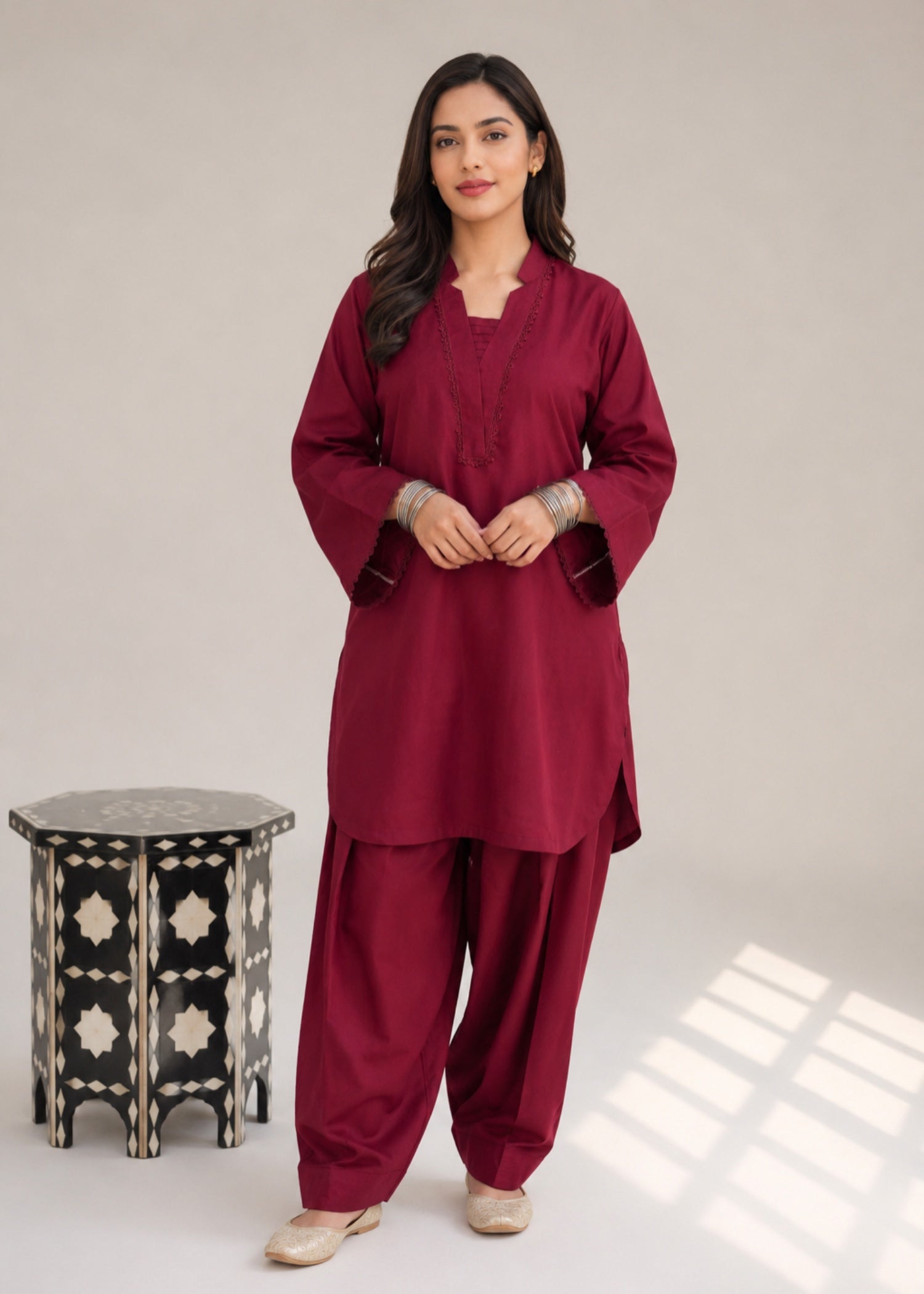 lawn cotton Co Ord Sets in Maroon