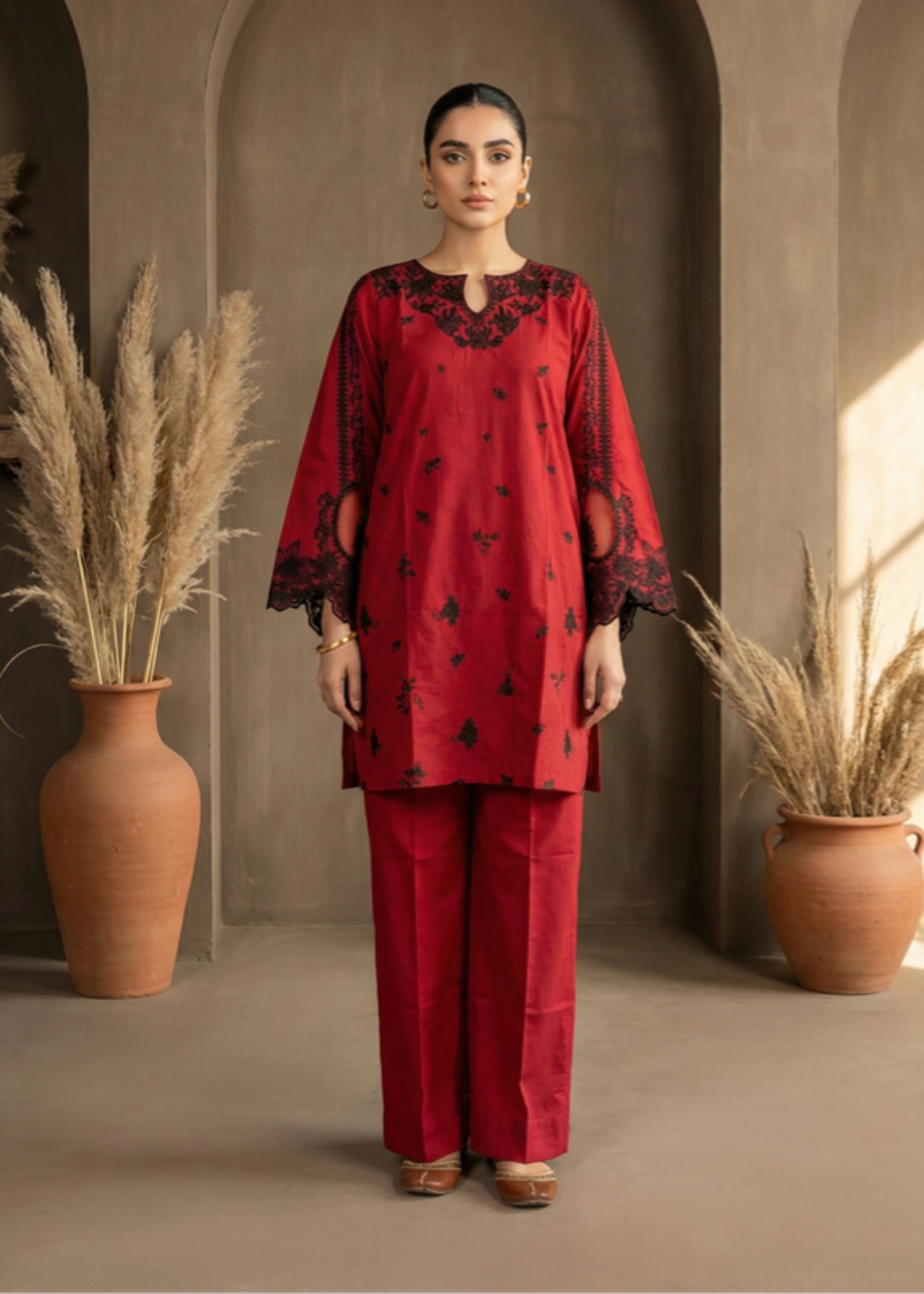 cotton dobby Kurta Set in Blood red