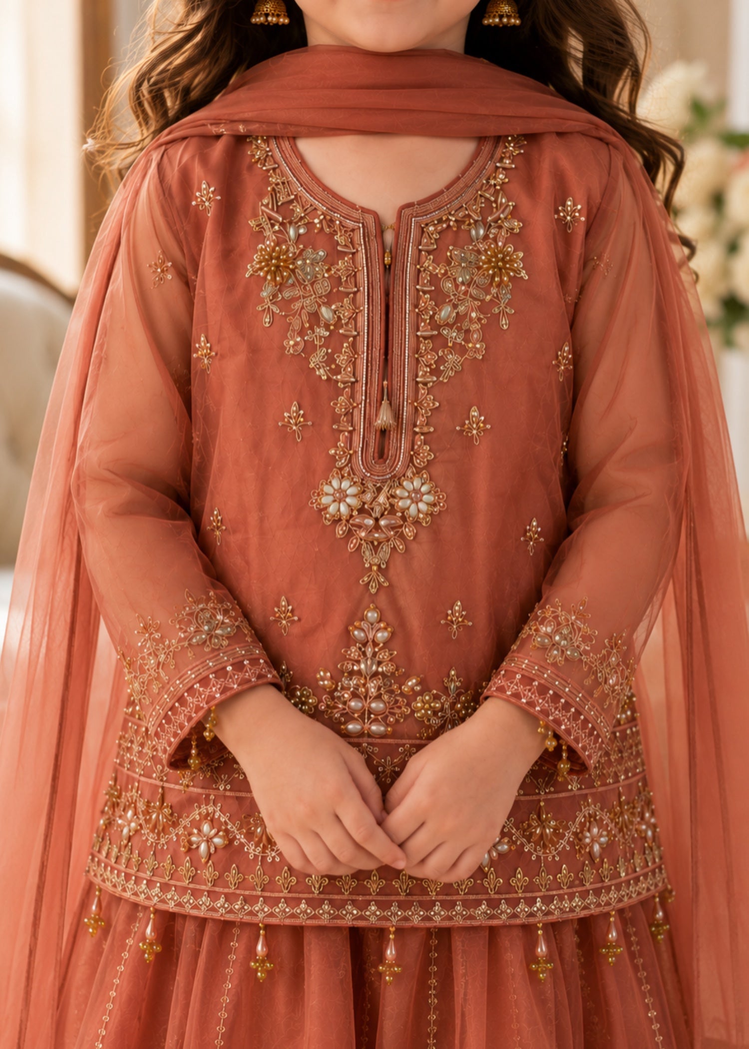 organza Lehenga in Coral pink