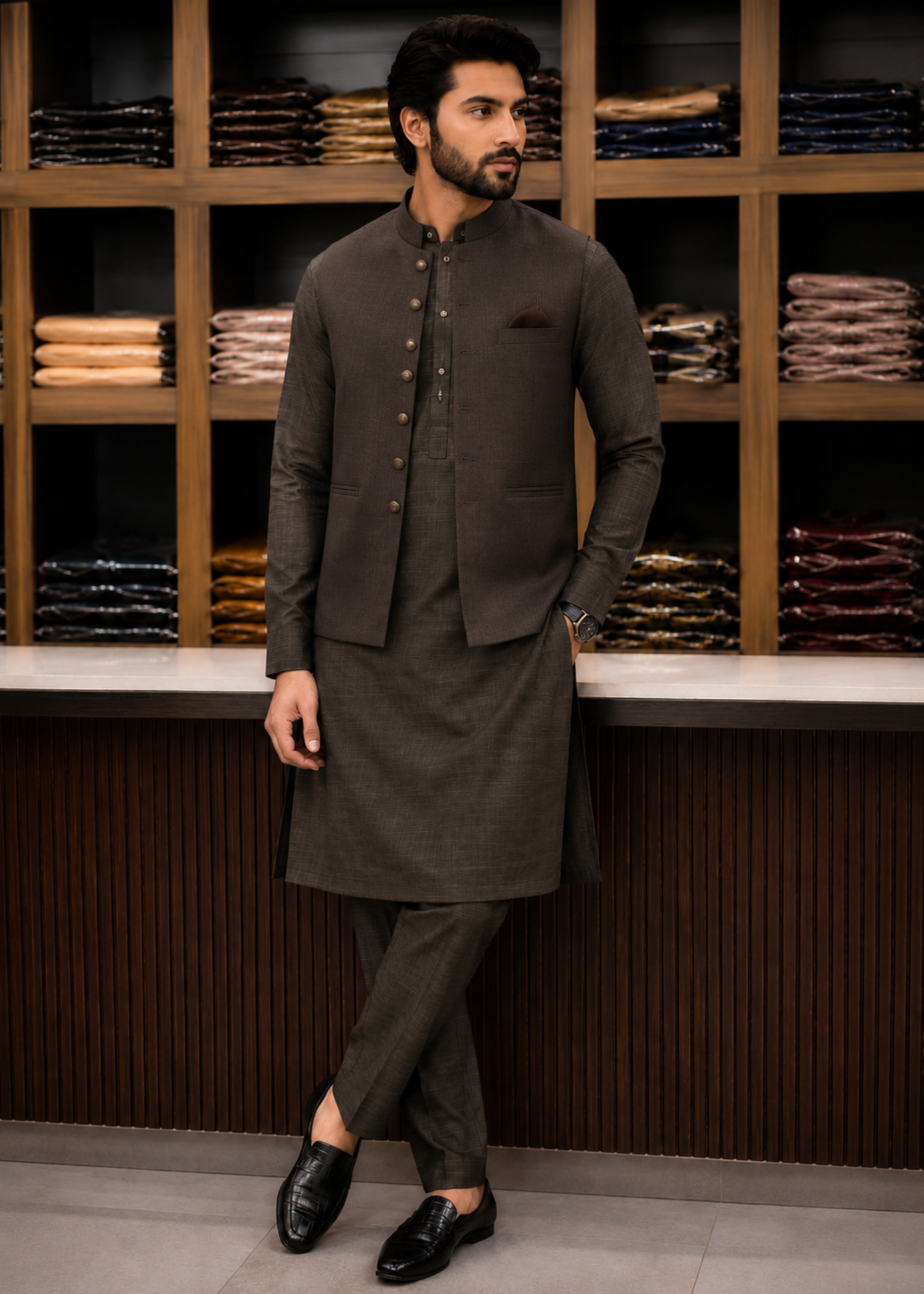 wash & wear Waistcoat in Stone grey by Noor E Zehra.Store