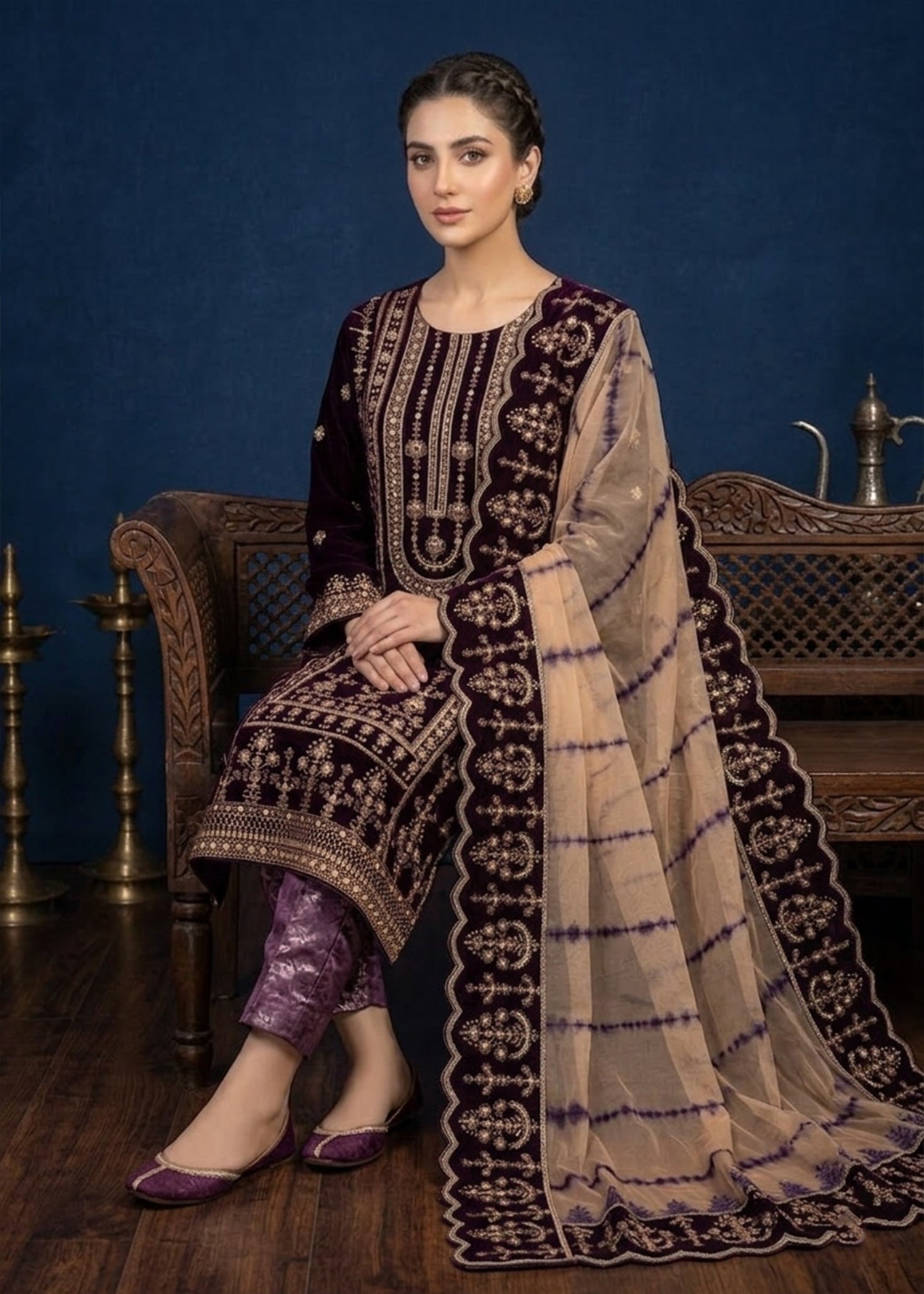 chinese micro velvet 9000 Kurta Set in Purple heart