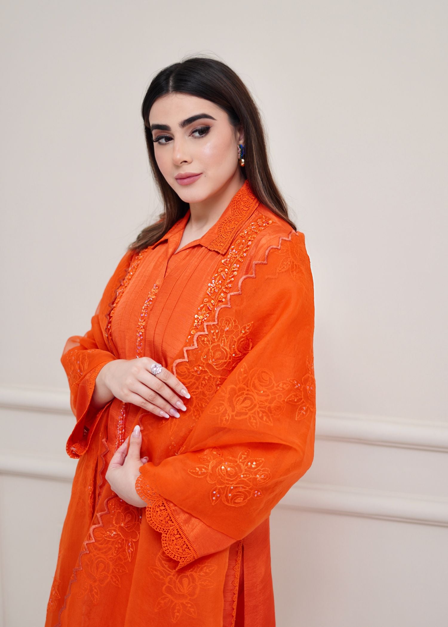 raw silk Kurta Set in Pumpkin orange