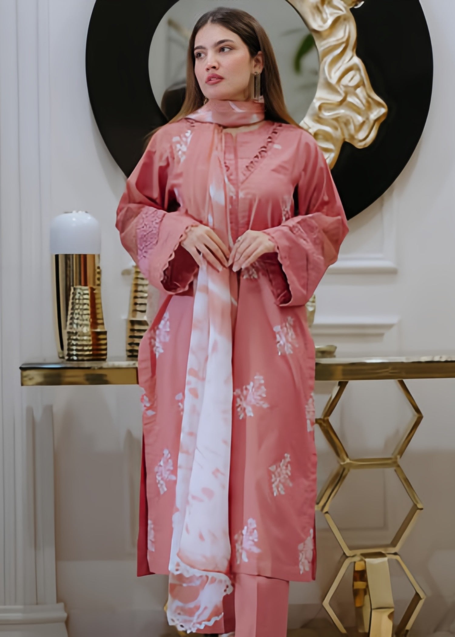 lawn cotton Kurta Set in Flamingo
