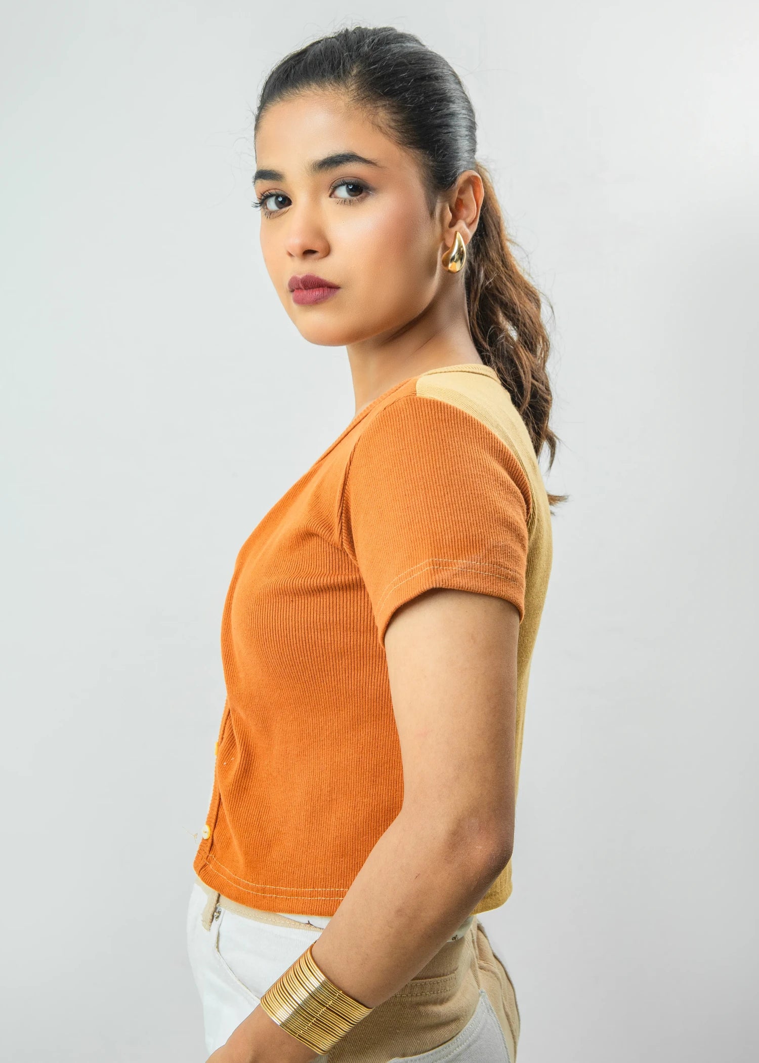 jersey knit Top in Camel brown, flame