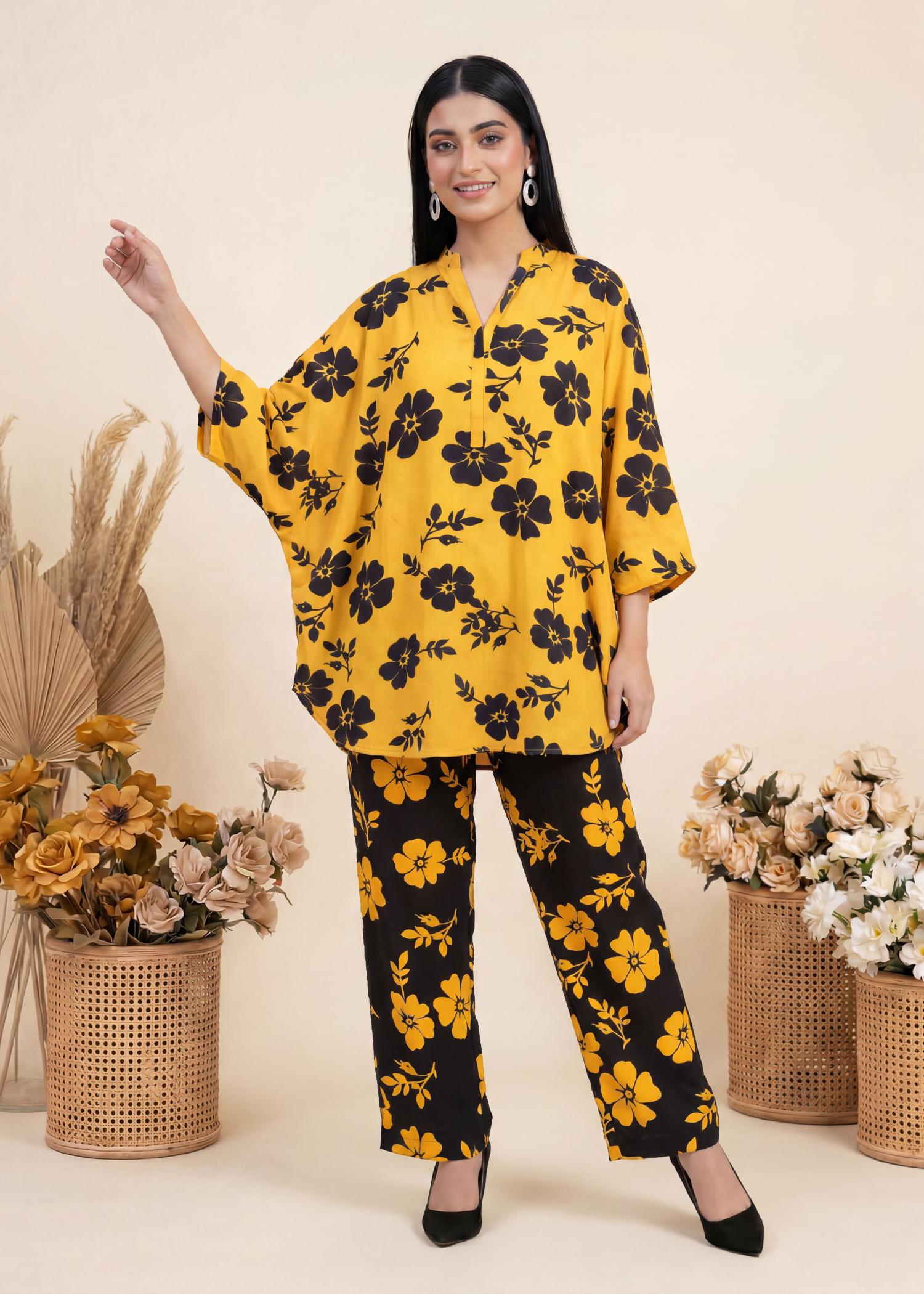 arabic lawn Co ord Sets in Black, yellow