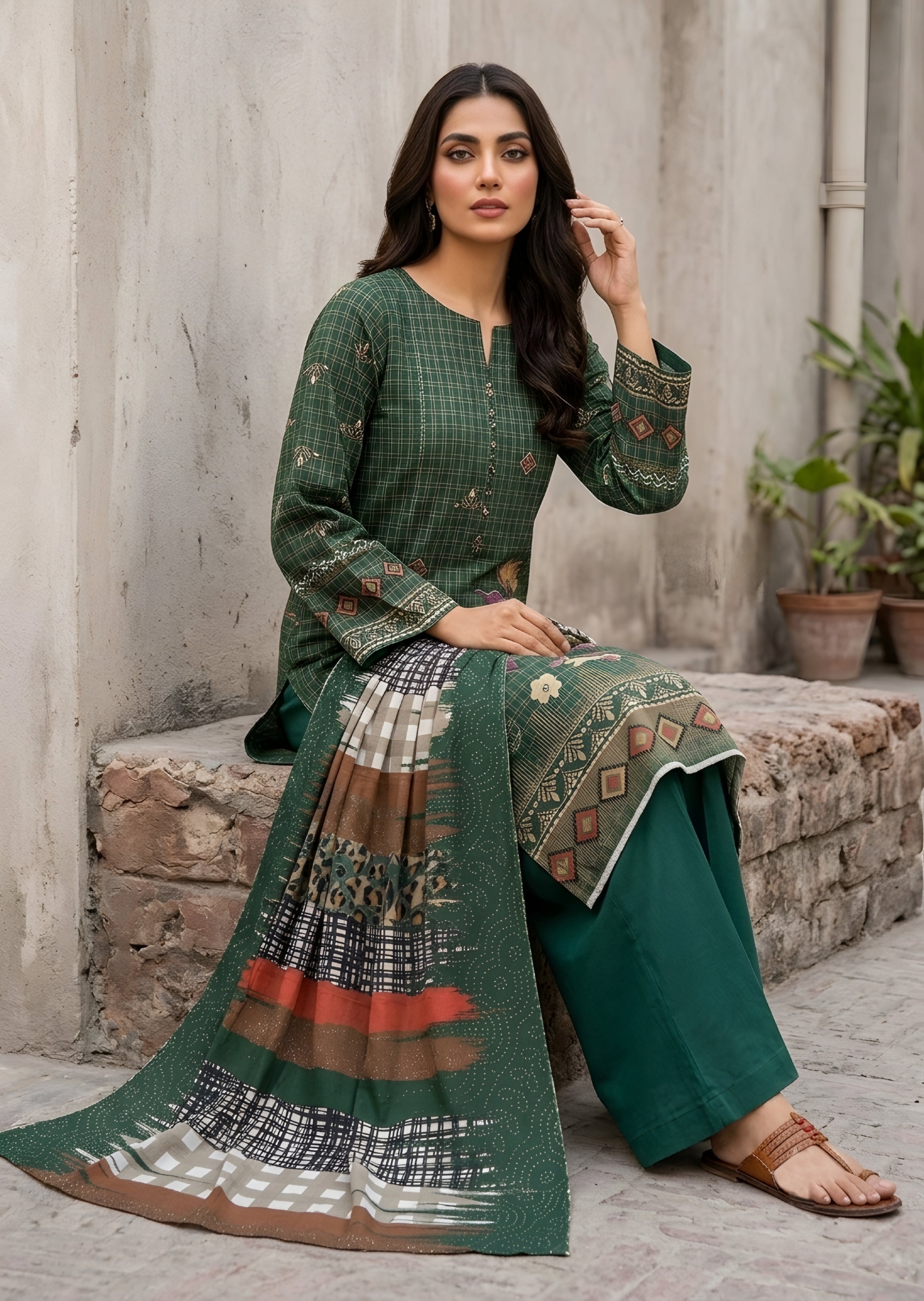 khaddar Unstitched in Bottle green