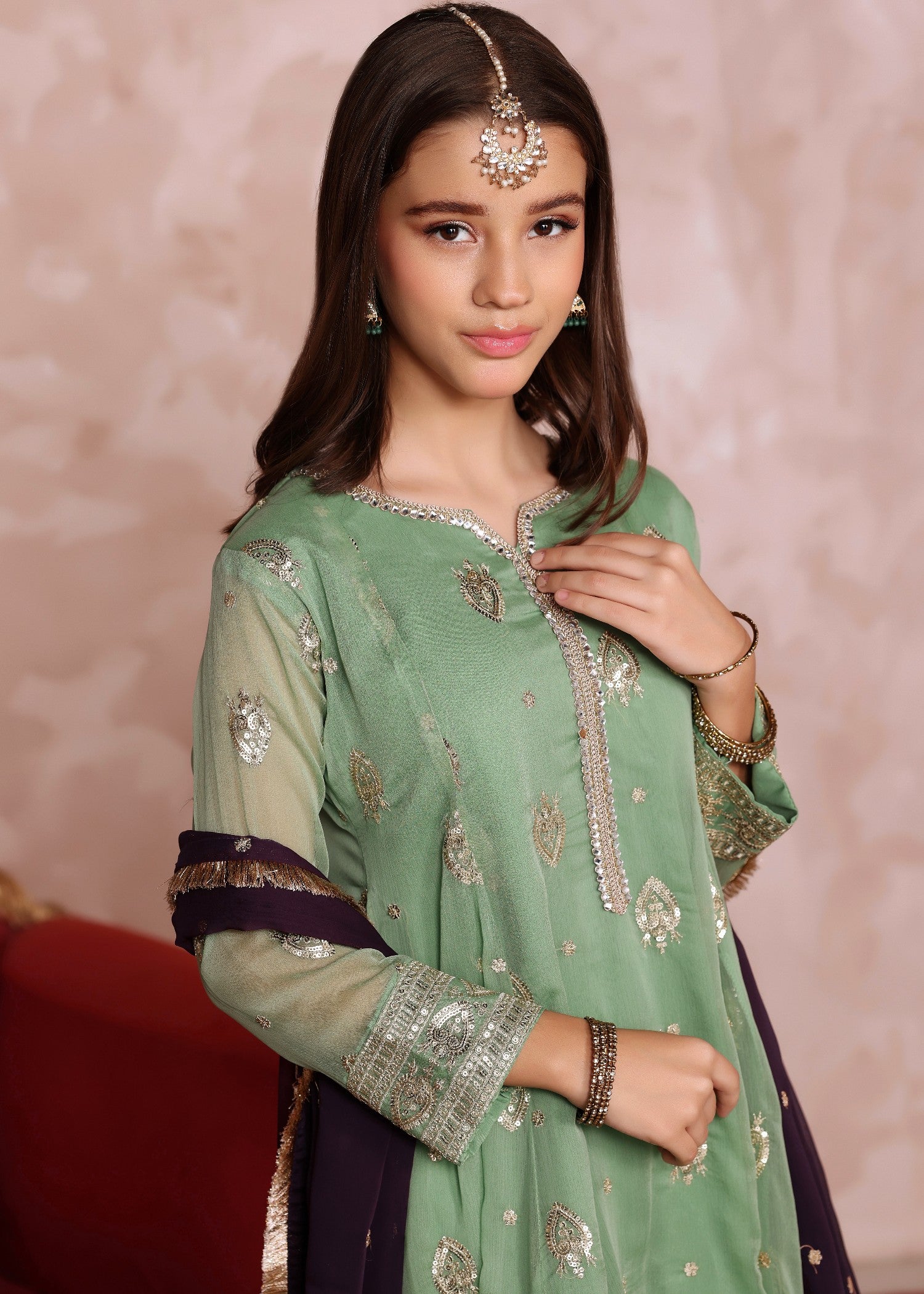 chiffon Pishwas in Pastel green
