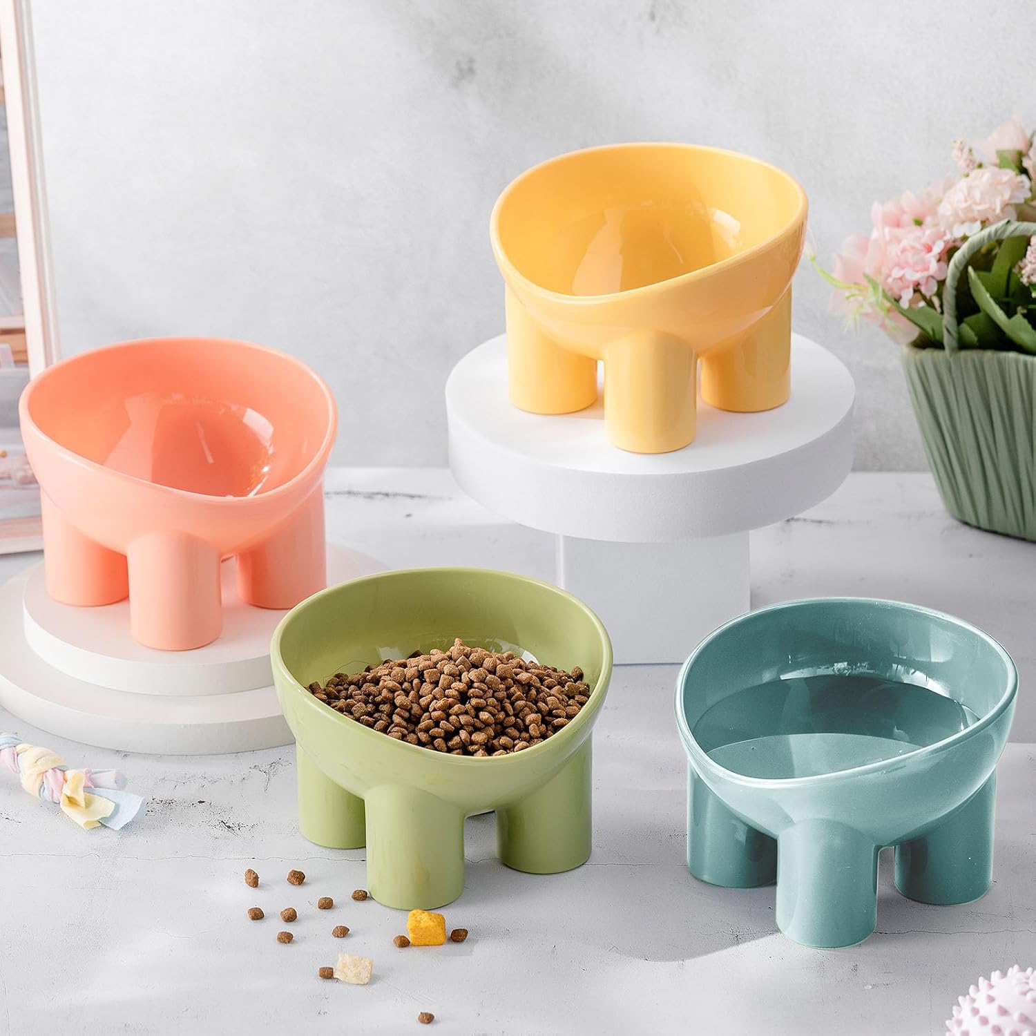 Elevated High Foot Pet Bowl with Neck Protector and Anti-Tip Design