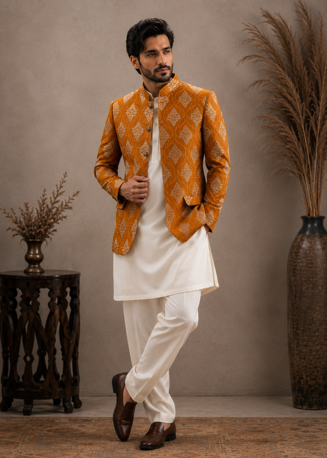 raw silk Prince Coat in Rust orange
