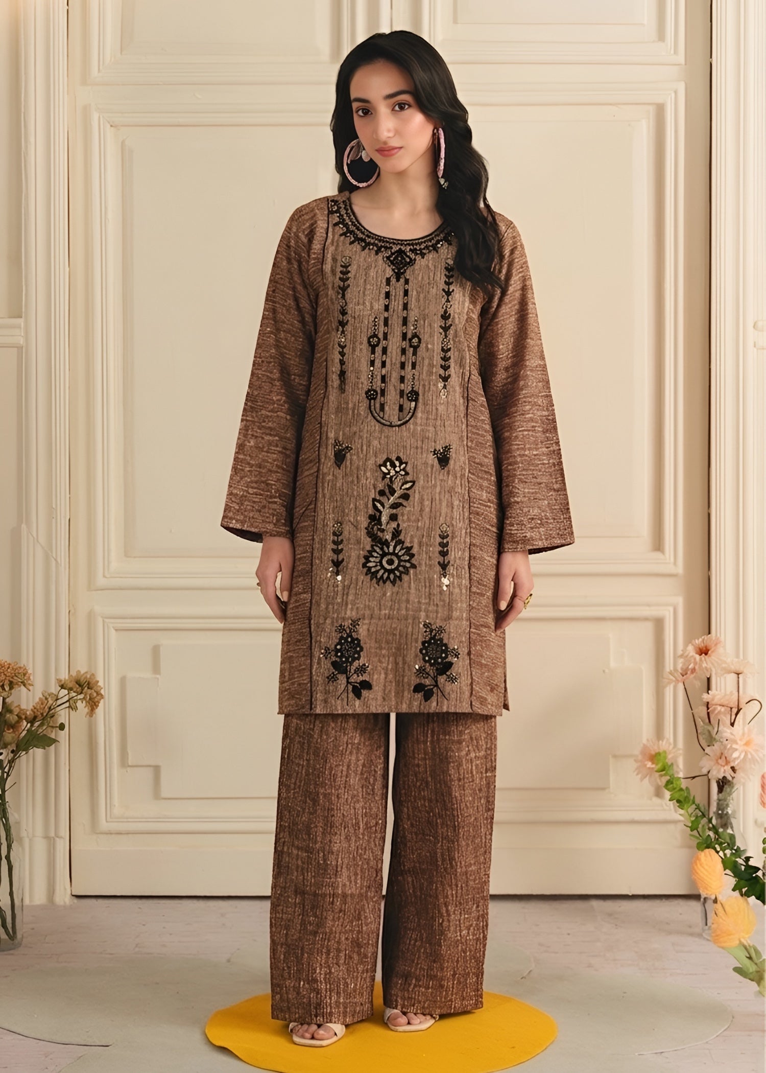 cambric Kurta Set in Earth brown