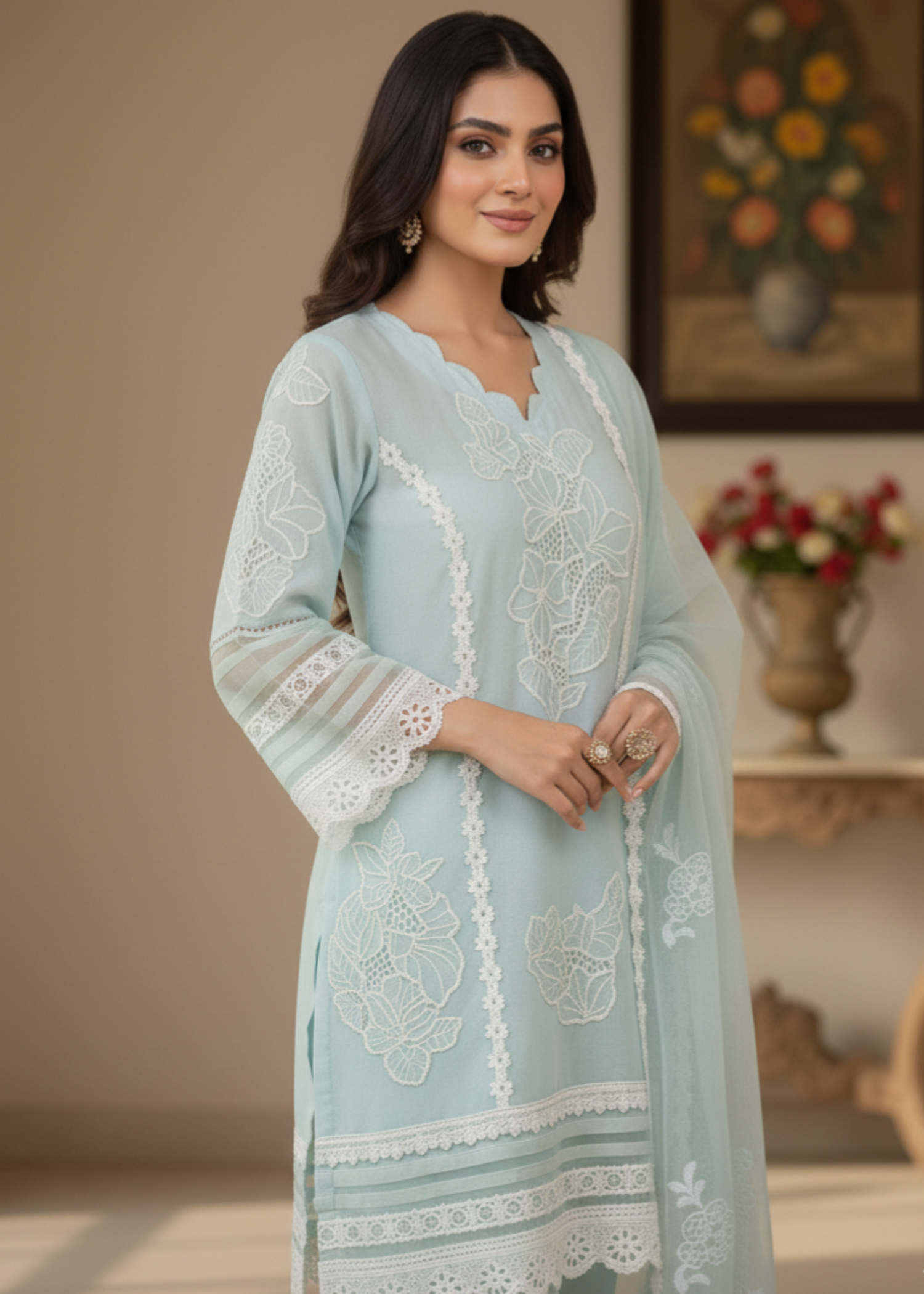 khaddi net Kurta Set in Ice blue