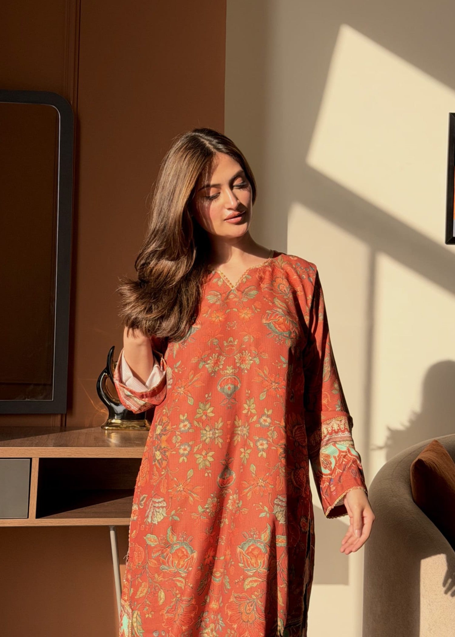 dobby Kurta Set in Coral red