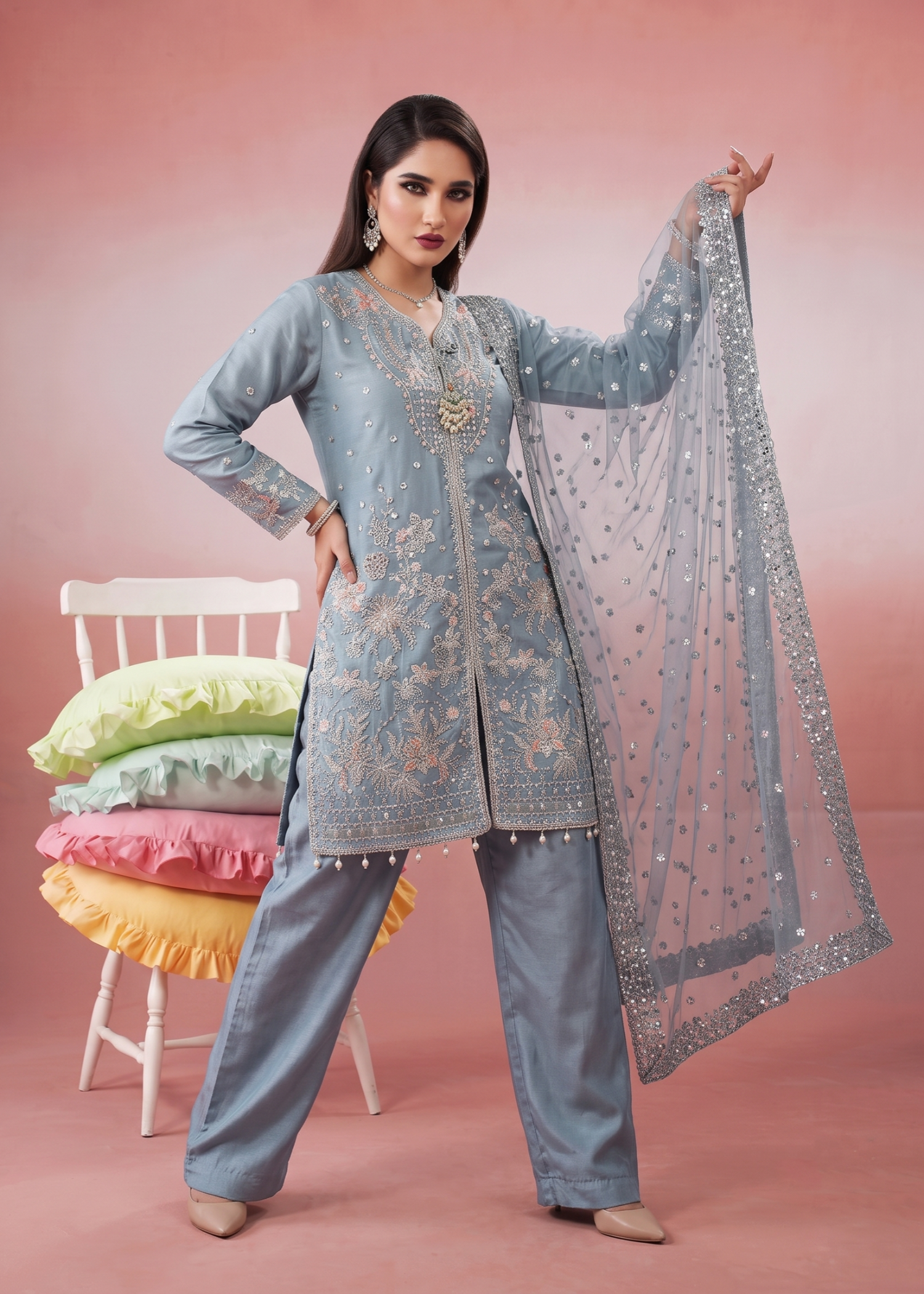 organza Kurta Set in Duck egg grey