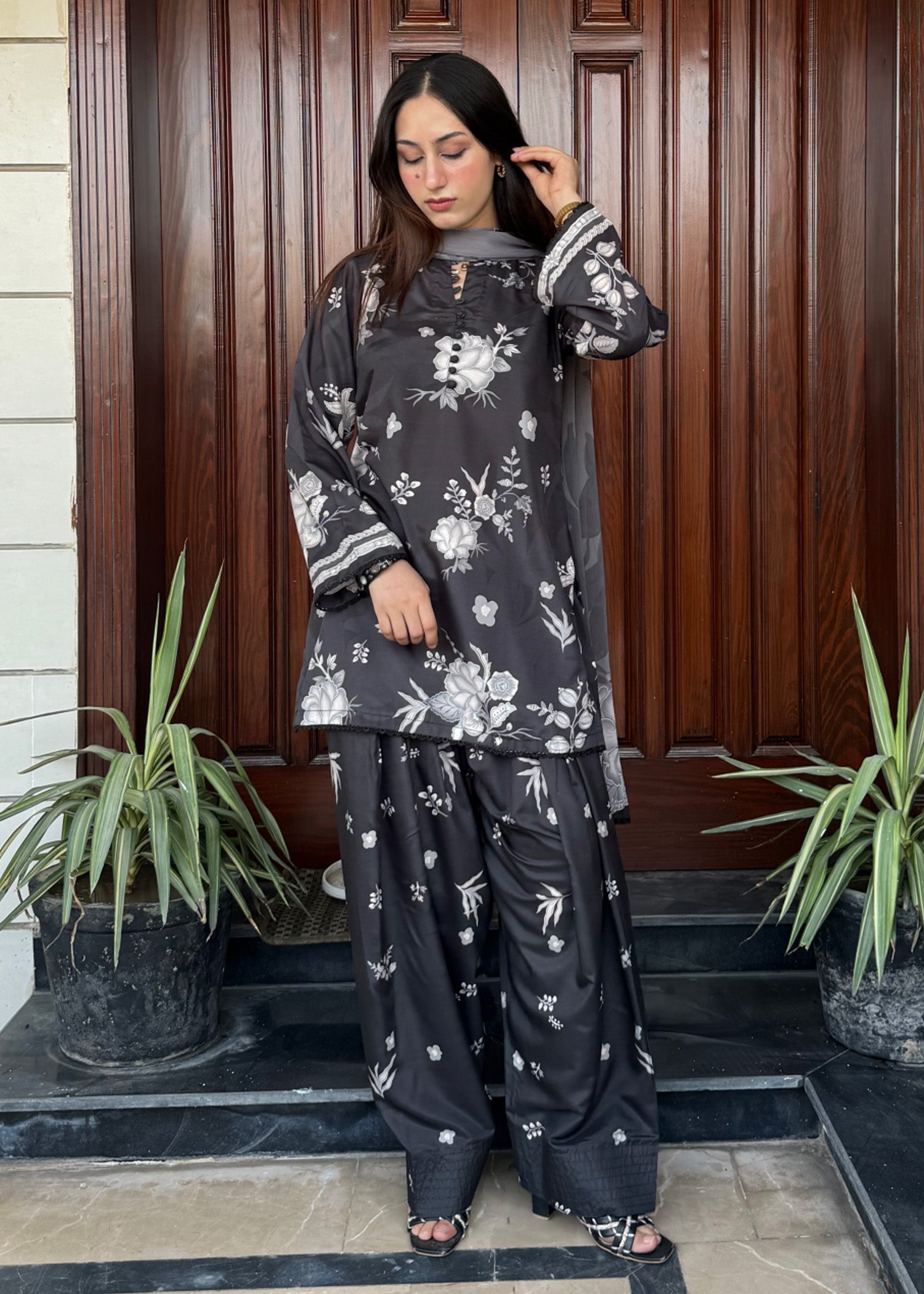 silk finish lawn Kurta Set in Black