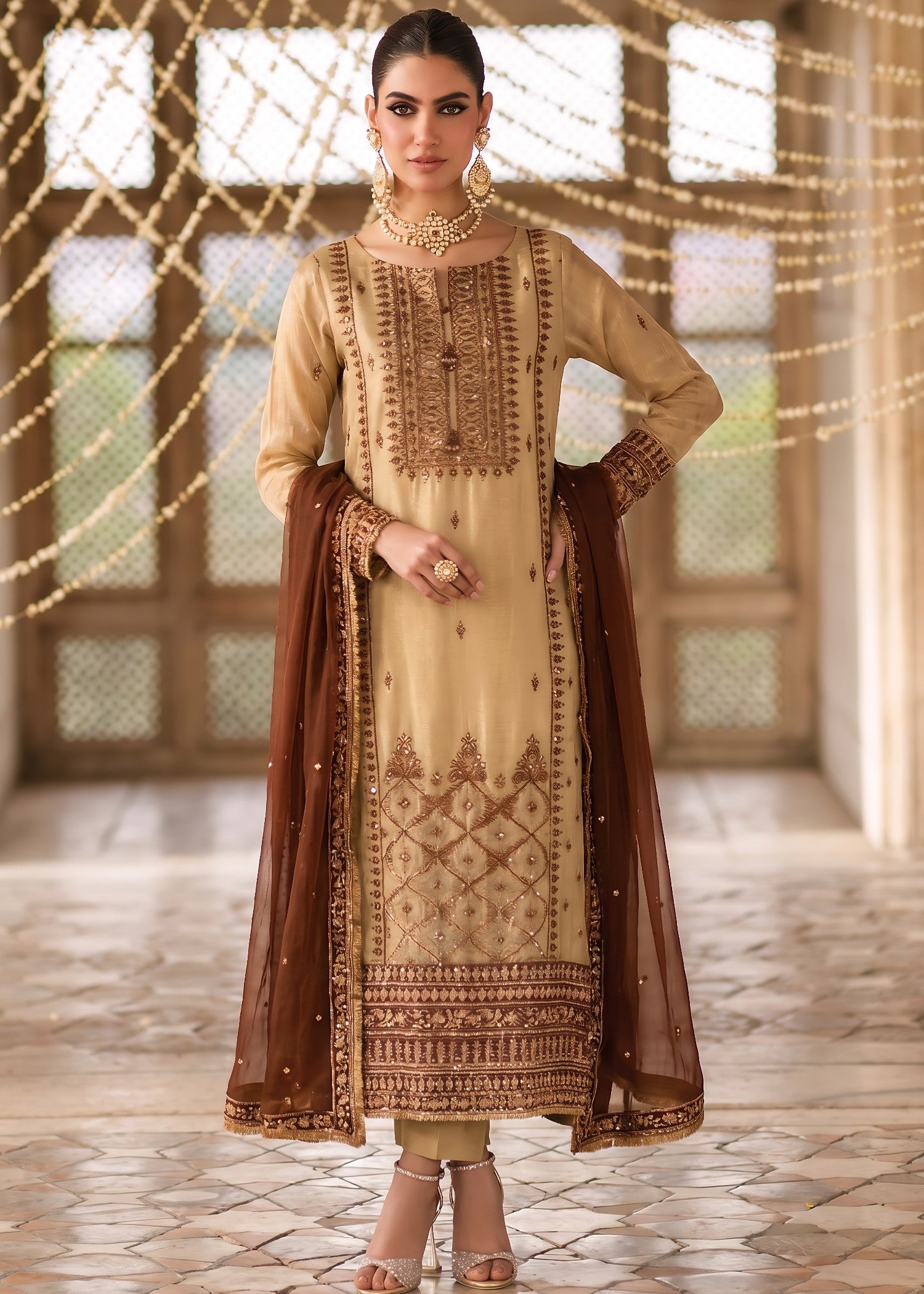 bemberg tissue Kurta Set in Gold