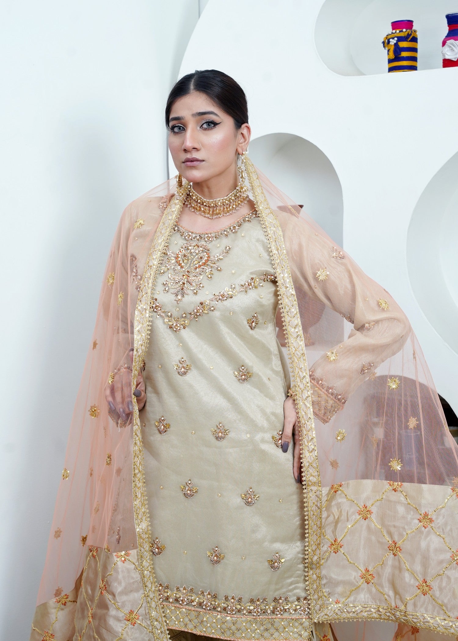 organza Gharara in Beige