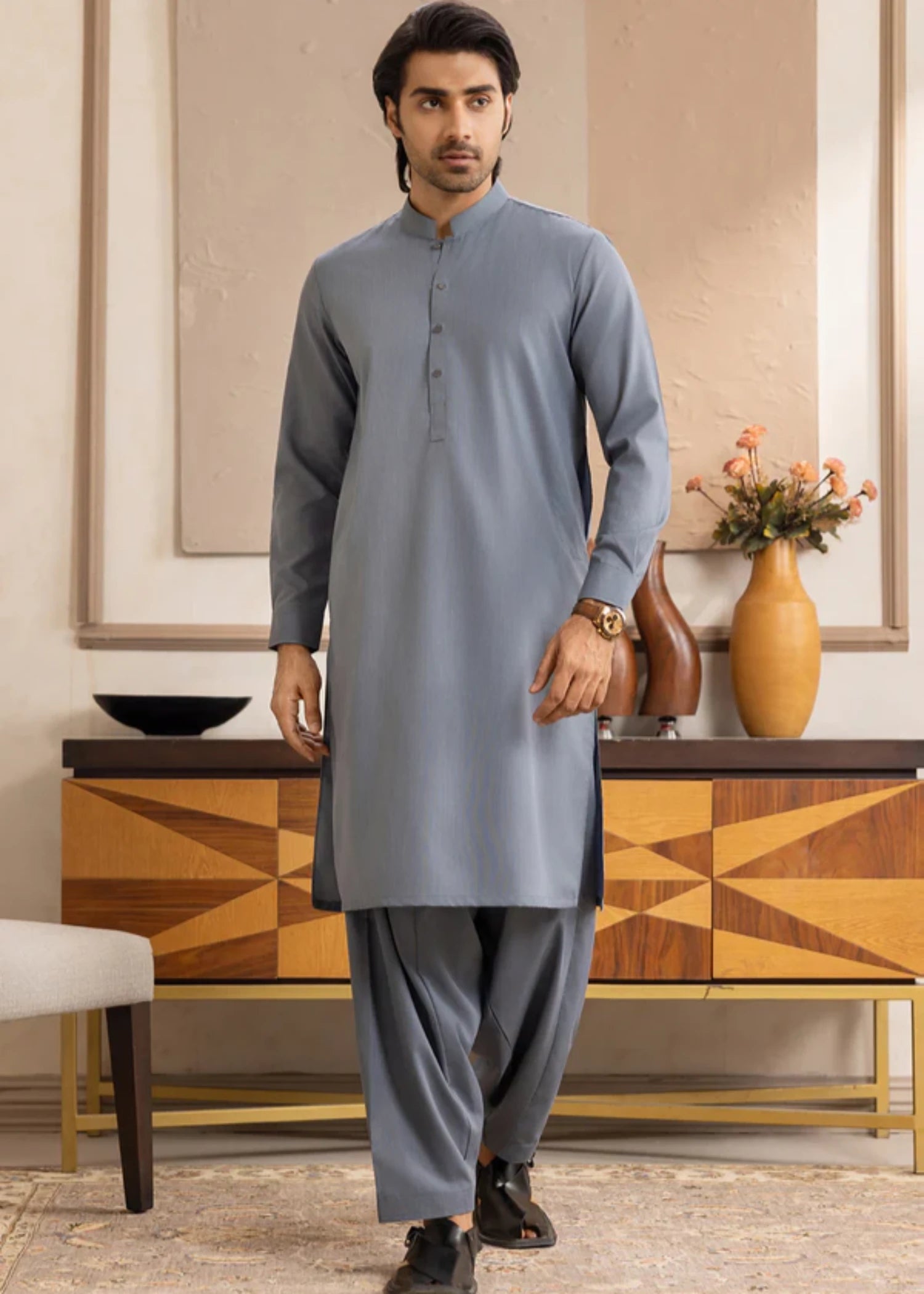 blended satin Shalwar Kameez in Cool grey