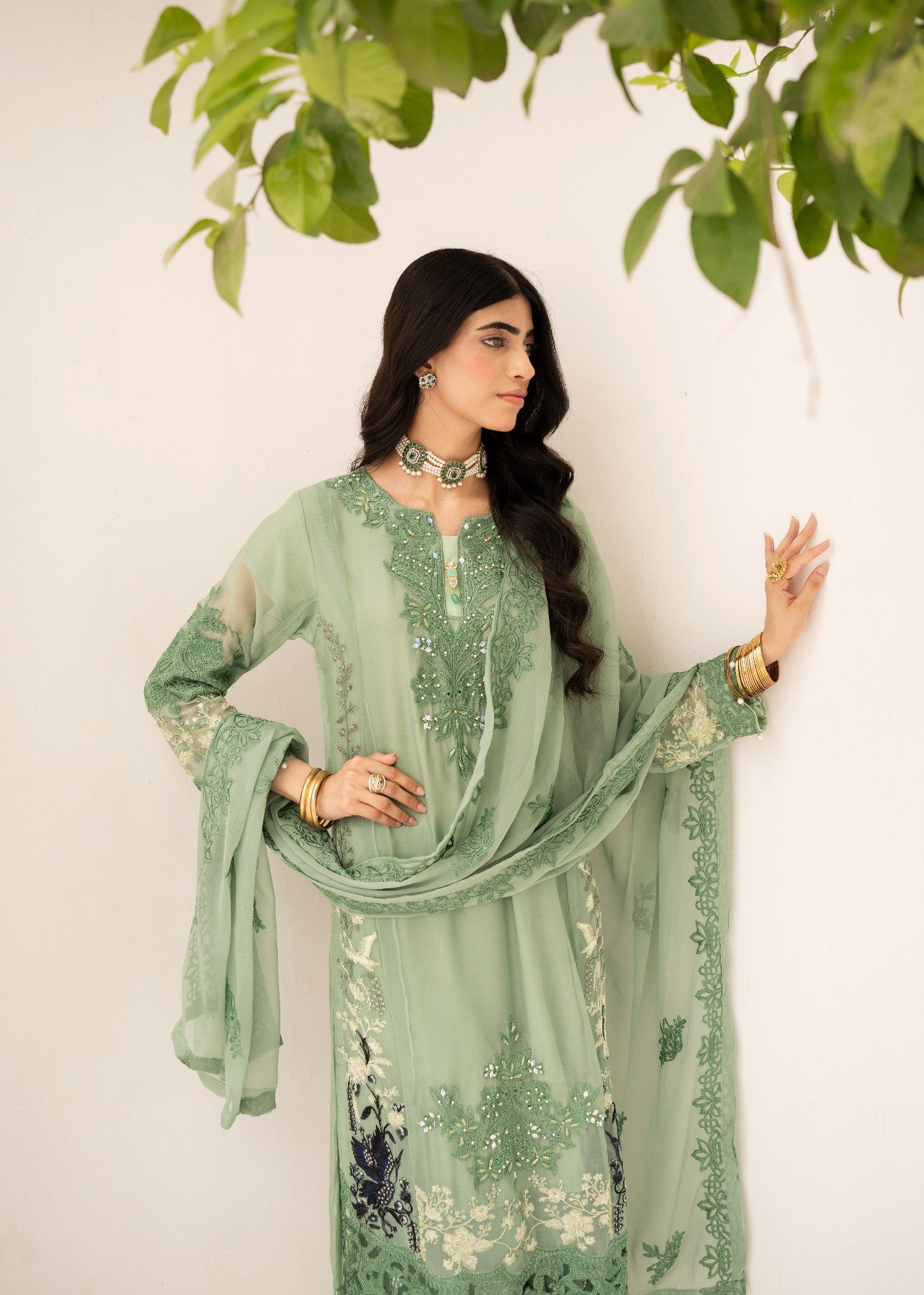 chiffon Kurta Set in Pistachio green