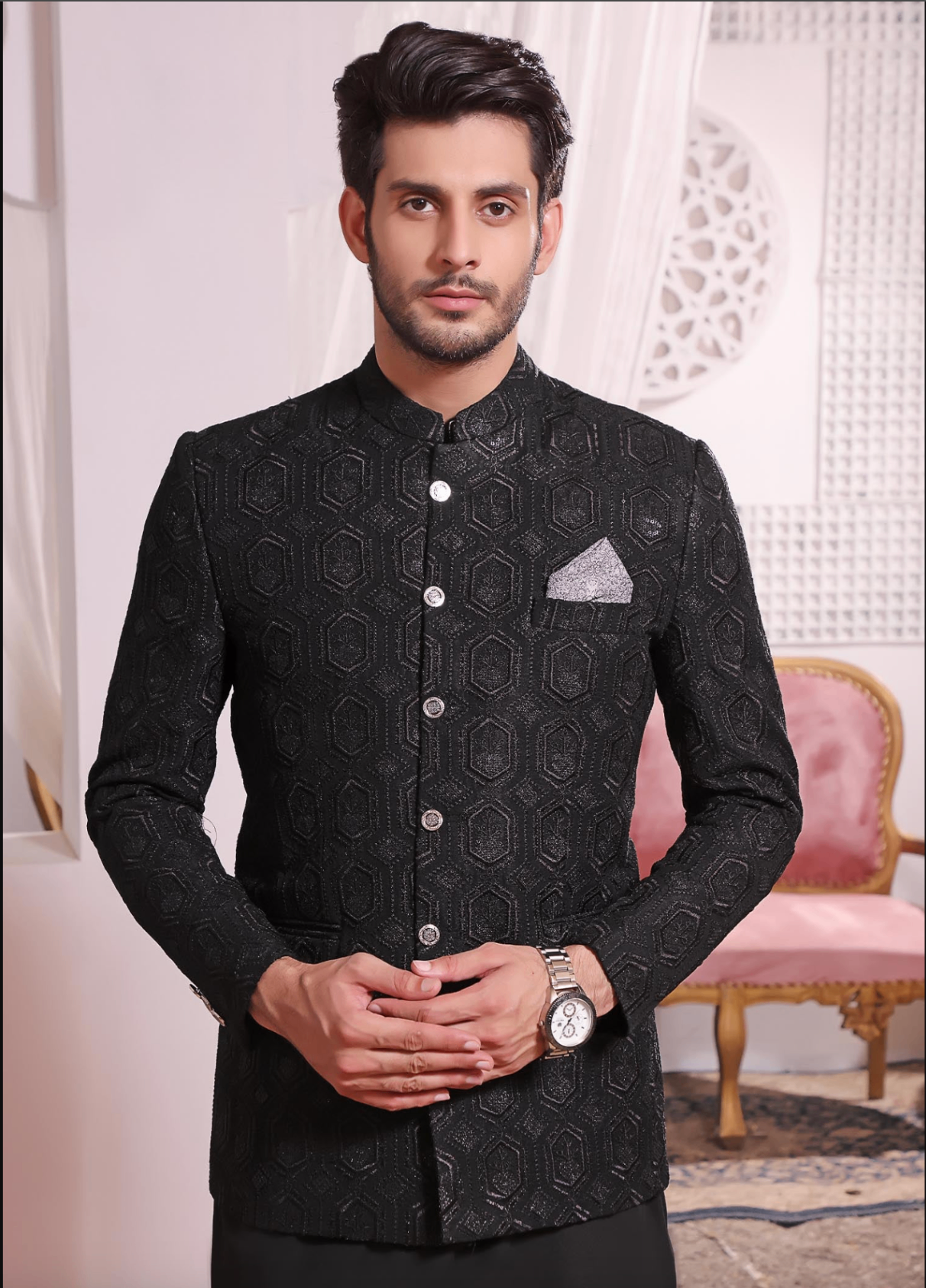 banarsi silk Prince Coat in Black