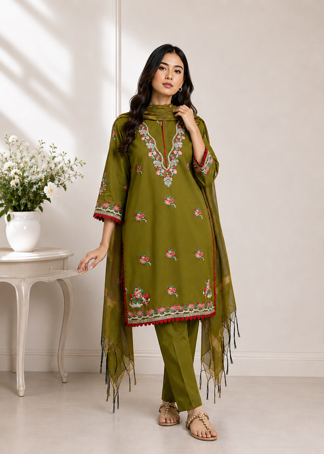 lawn cotton Unstitched in Olive green
