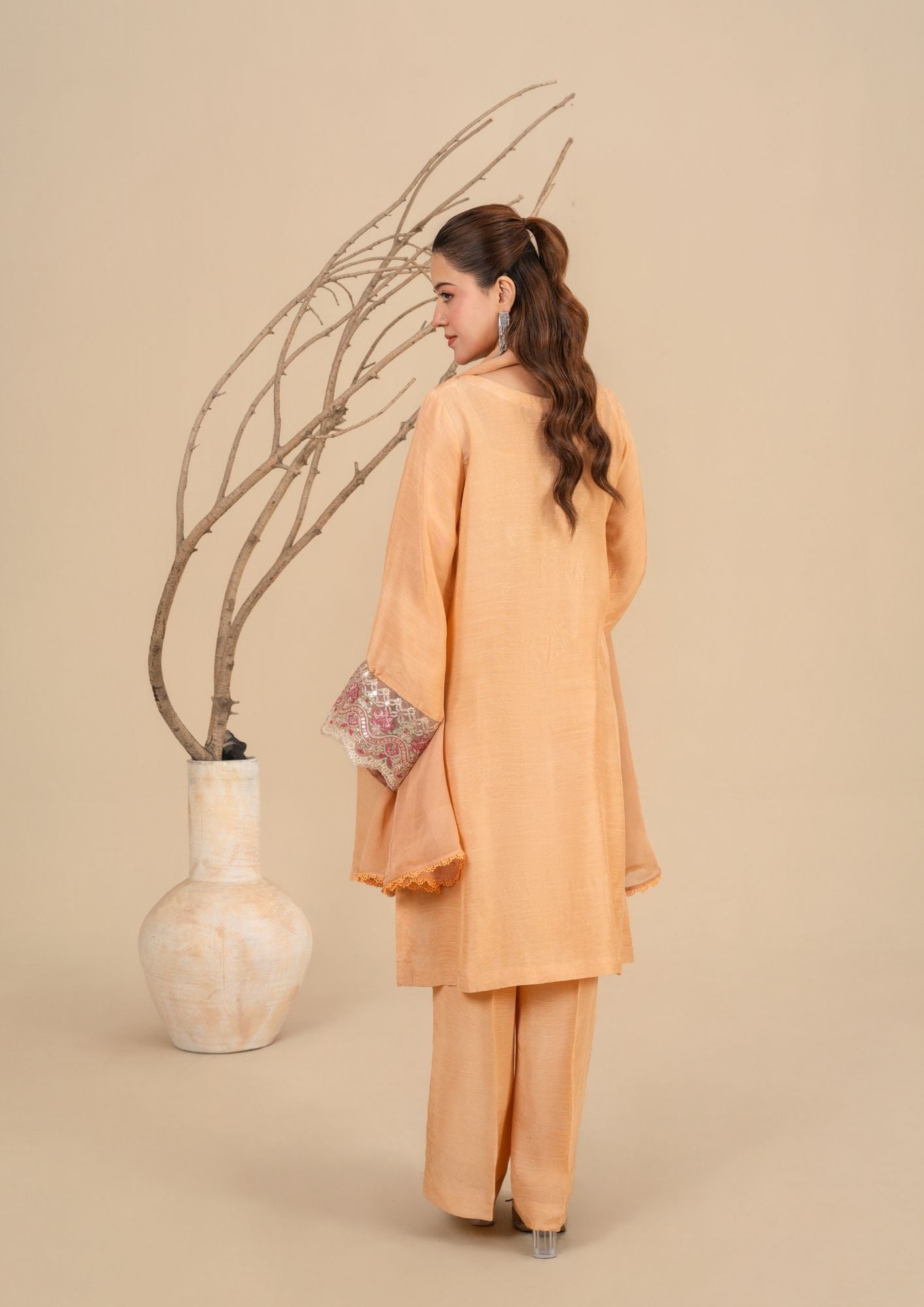 viscose raw silk Kurta Set in Peach orange