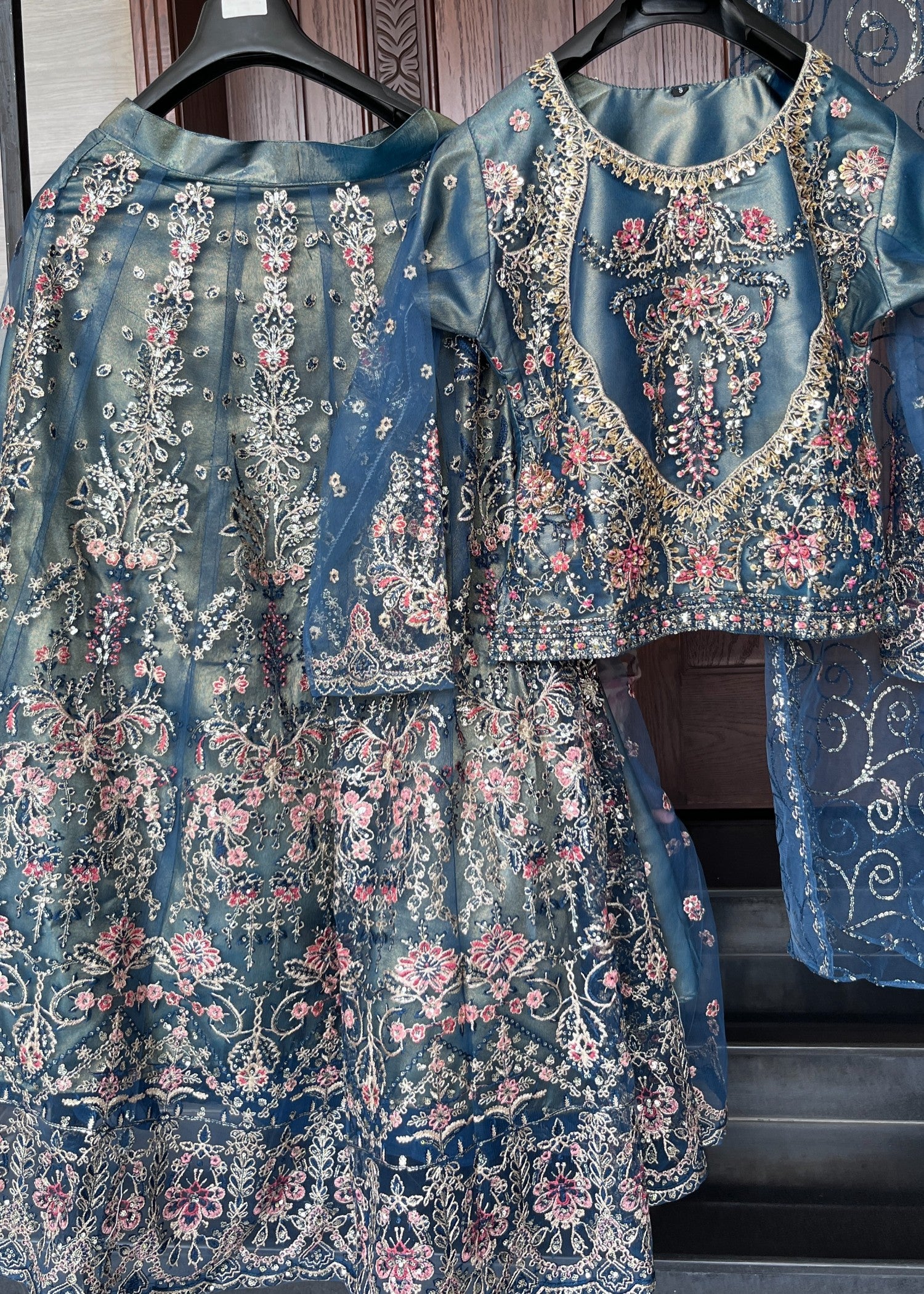 net Lehenga in Steel blue