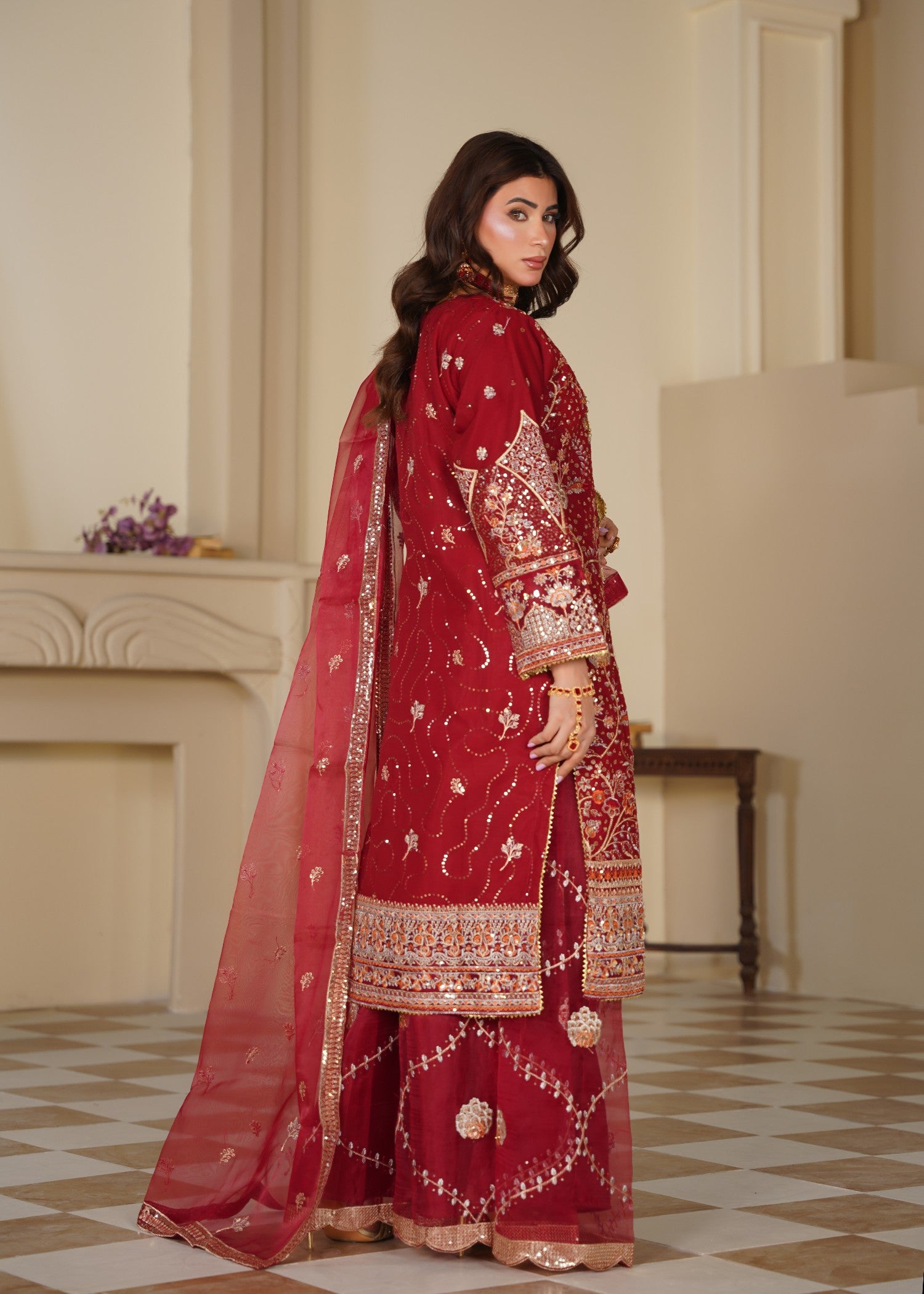 chiffon Sharara in Gold, rose red