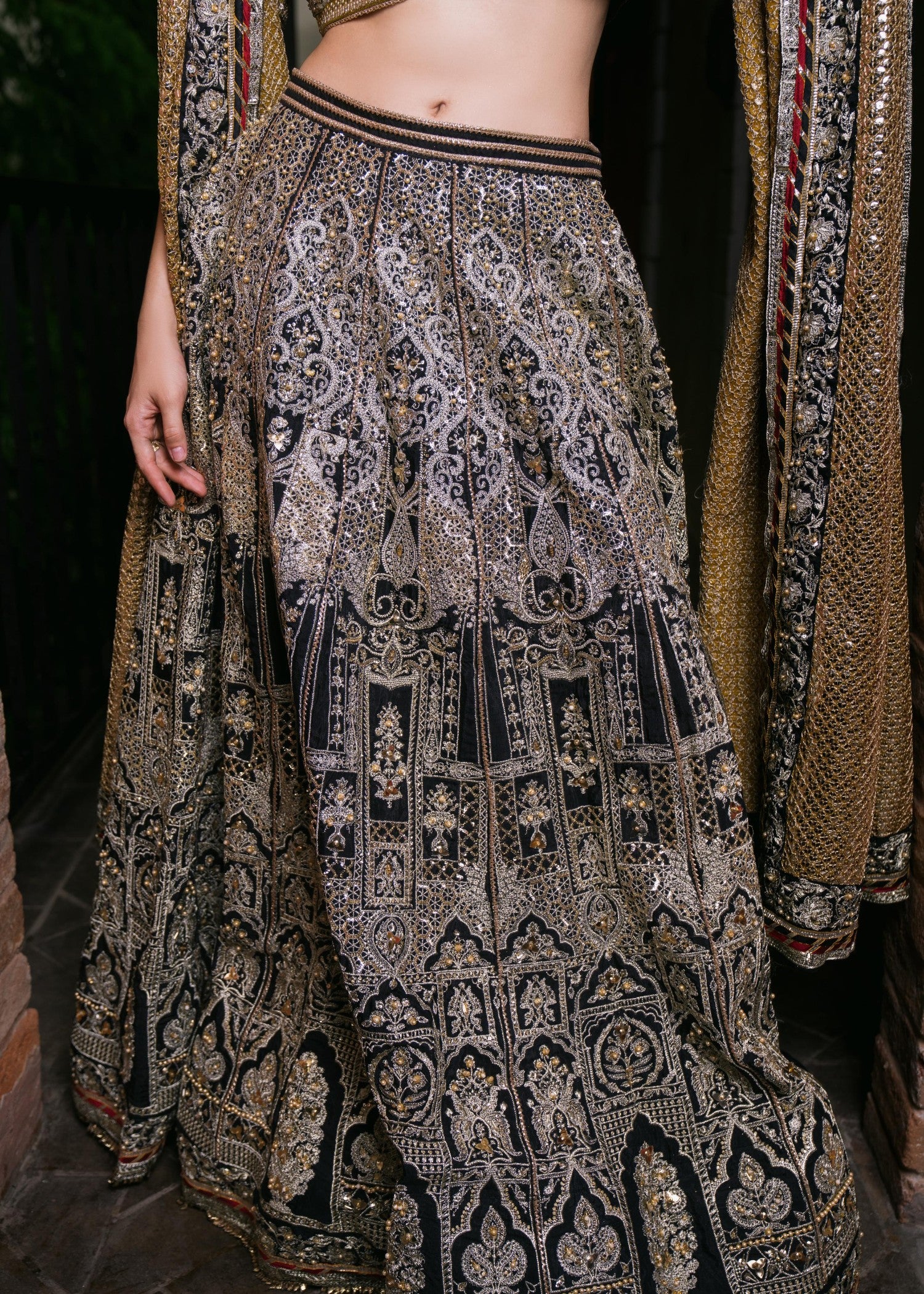 silk Lehenga in Yellow, black