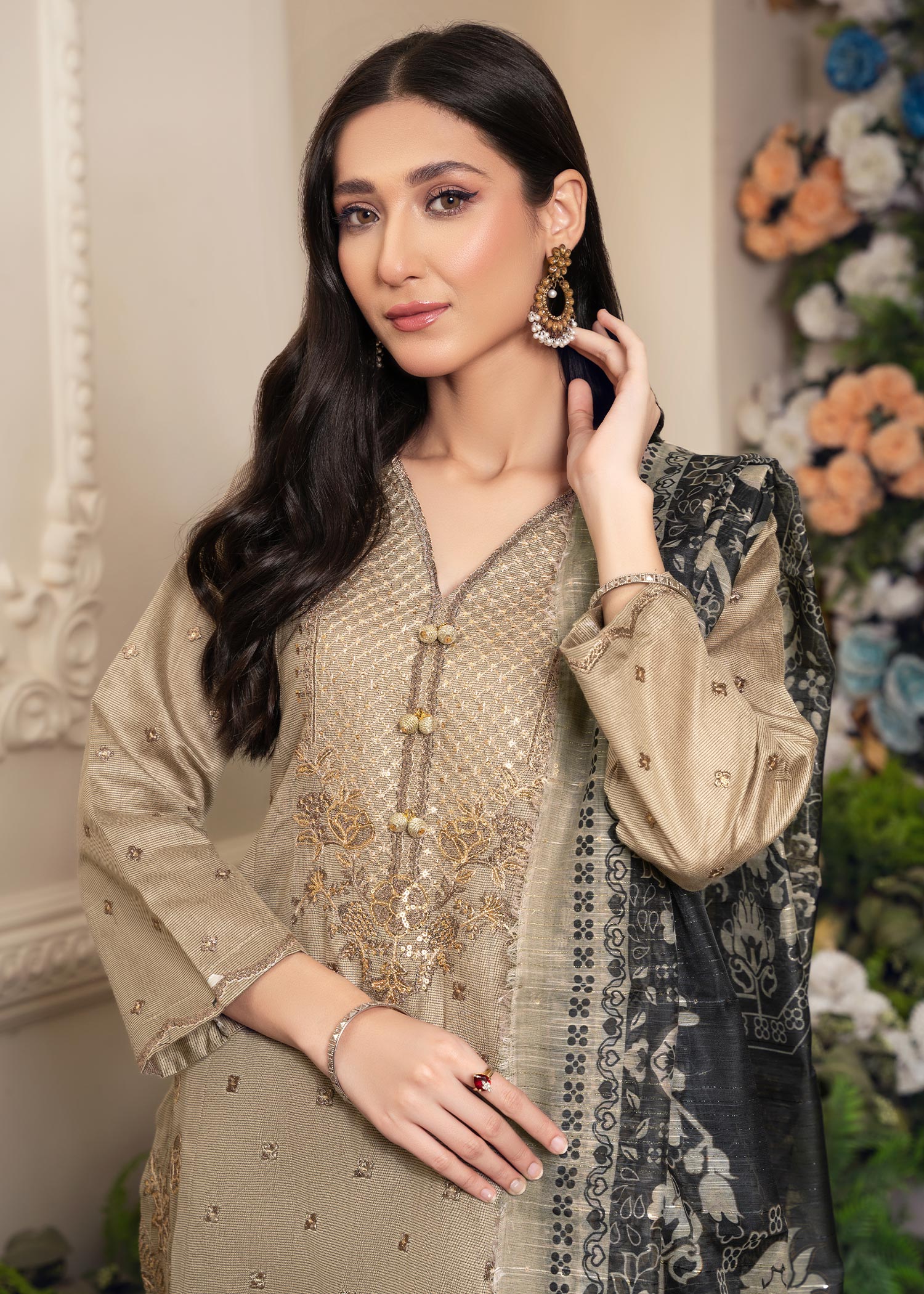 khaddi net Kurta Set in Sand brown
