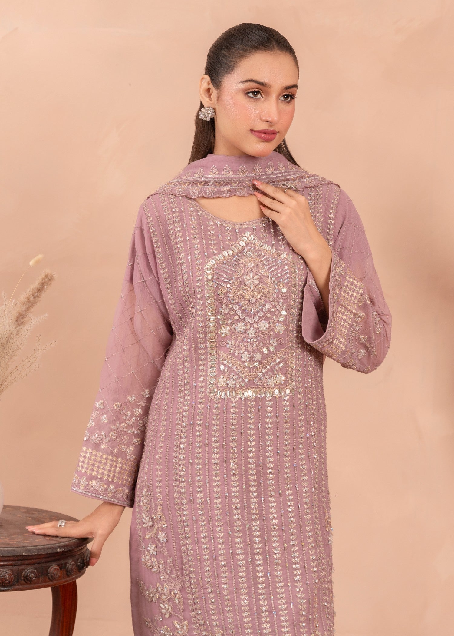 chiffon Kurta Set in Mauve pink
