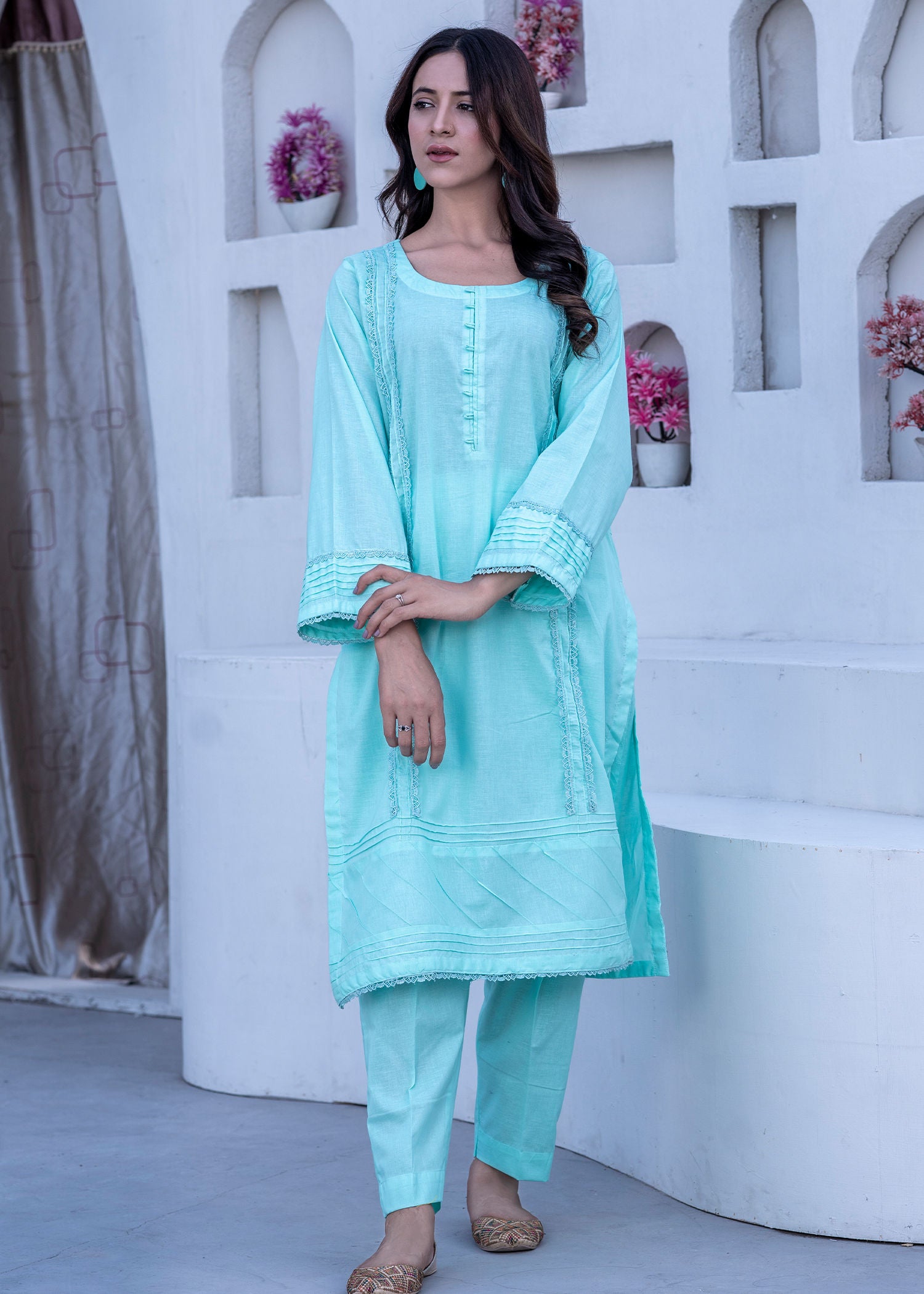 lawn Kurta Set in Dark cyan