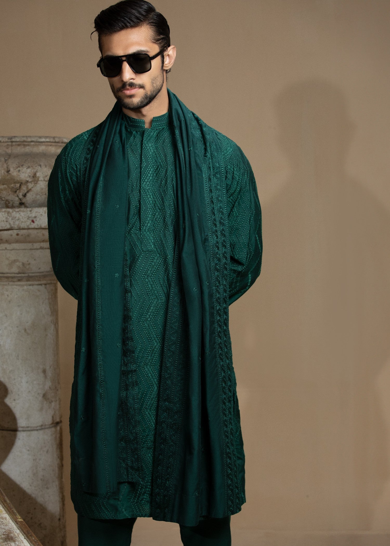 cotton silk Kurta Set in Dark green