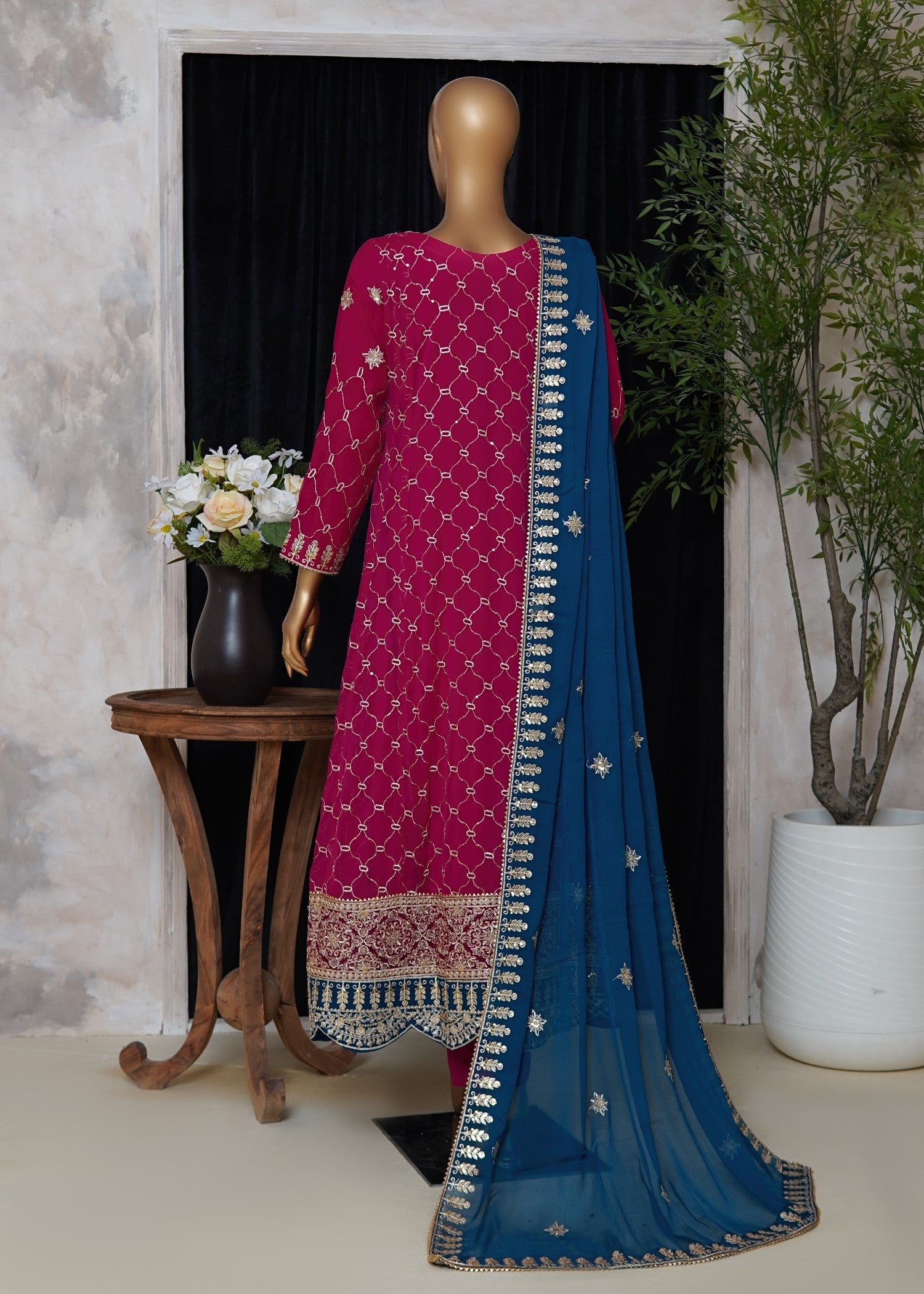 chiffon Pishwas in Sapphire blue, cherry red