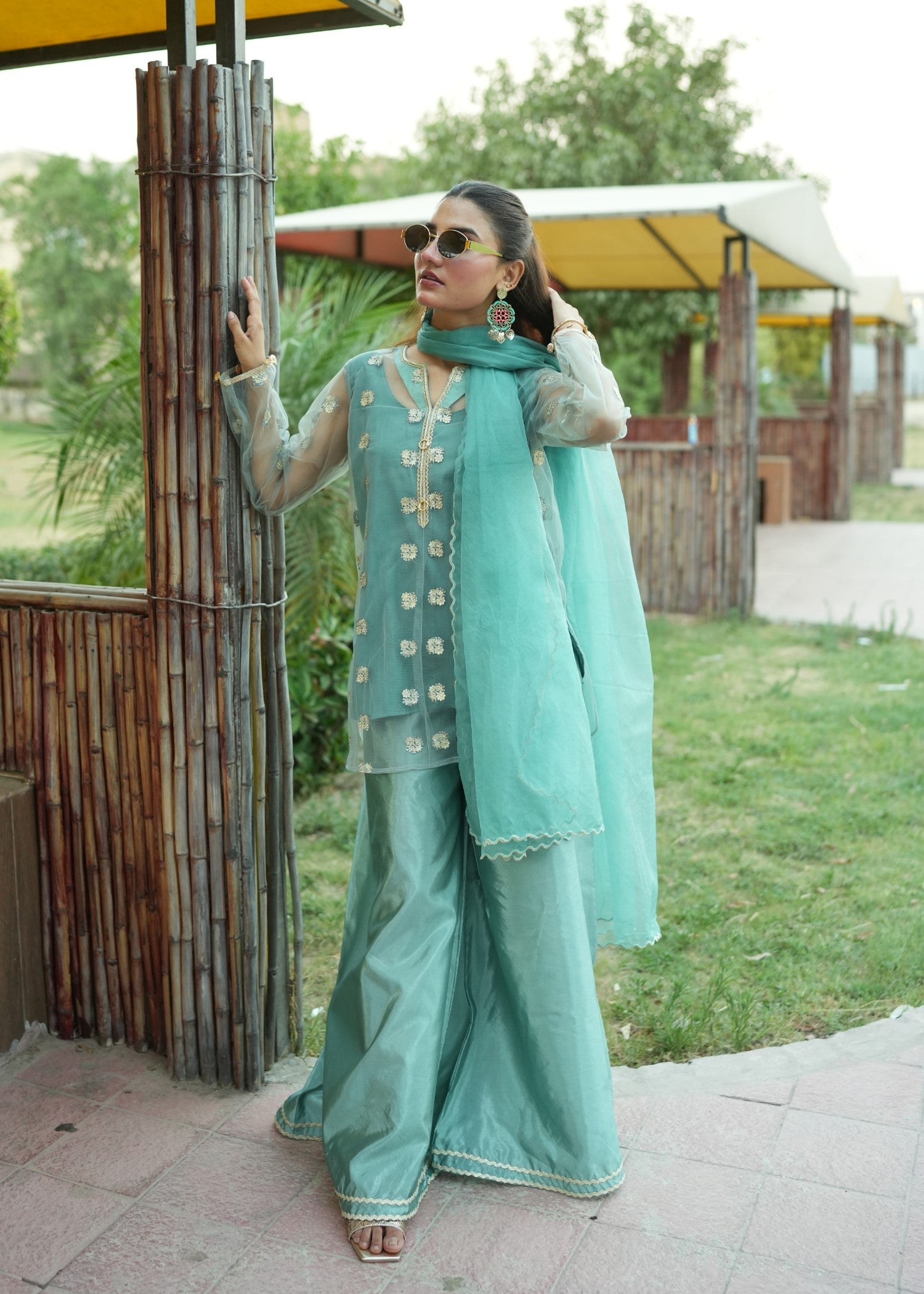 net Sharara in Pastel green