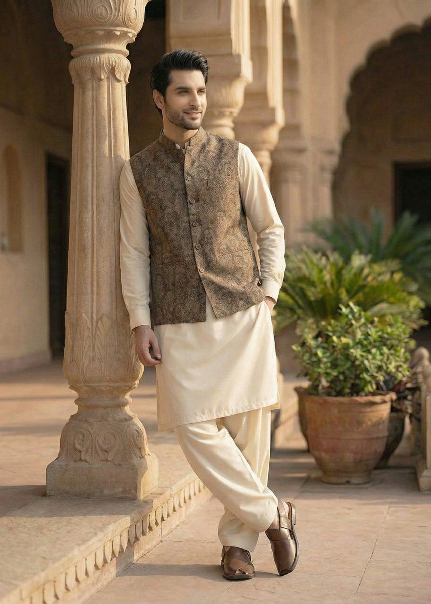 jamawar jacquard Waistcoat in Brown