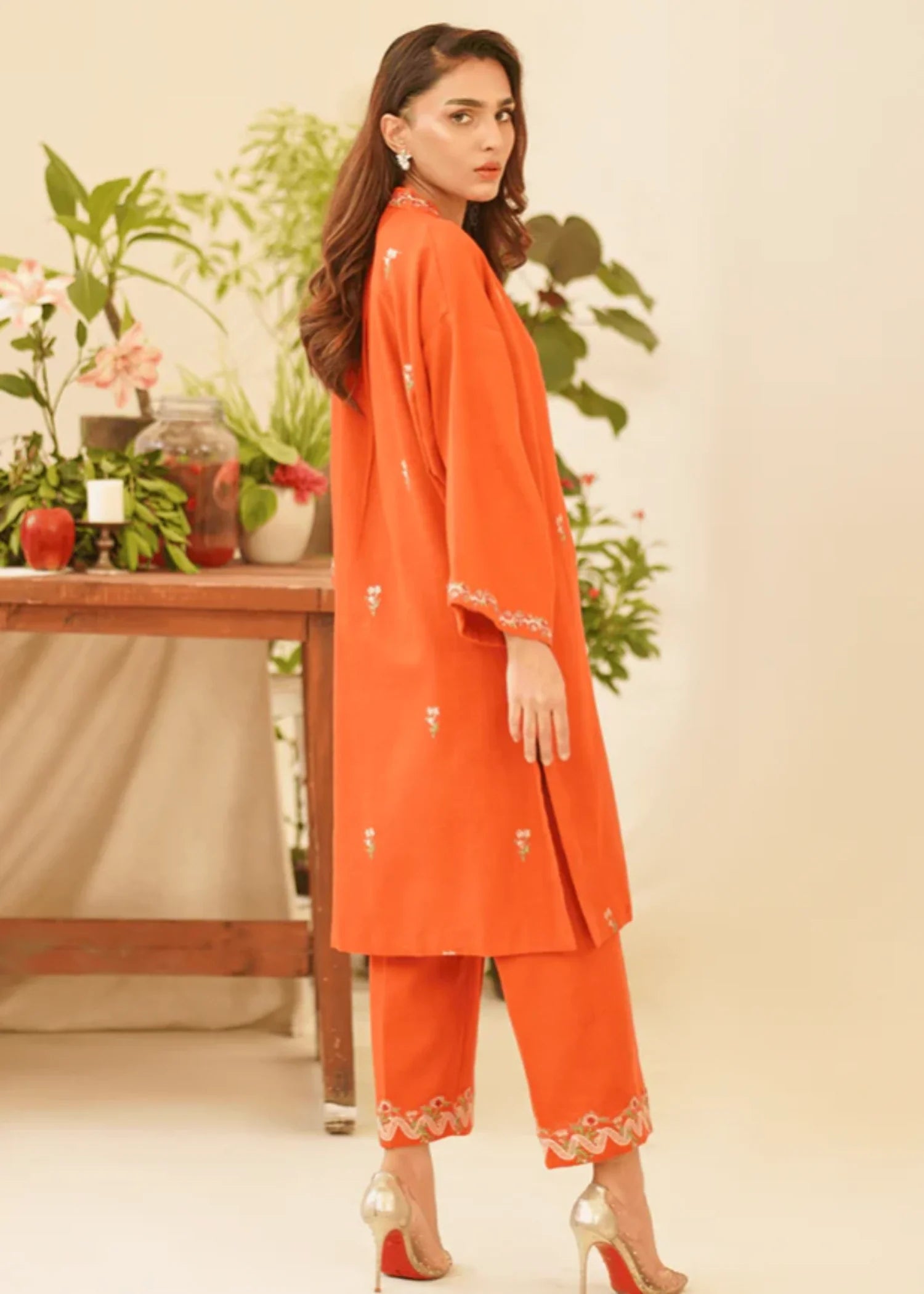 khaddar Kurta Set in Pumpkin orange