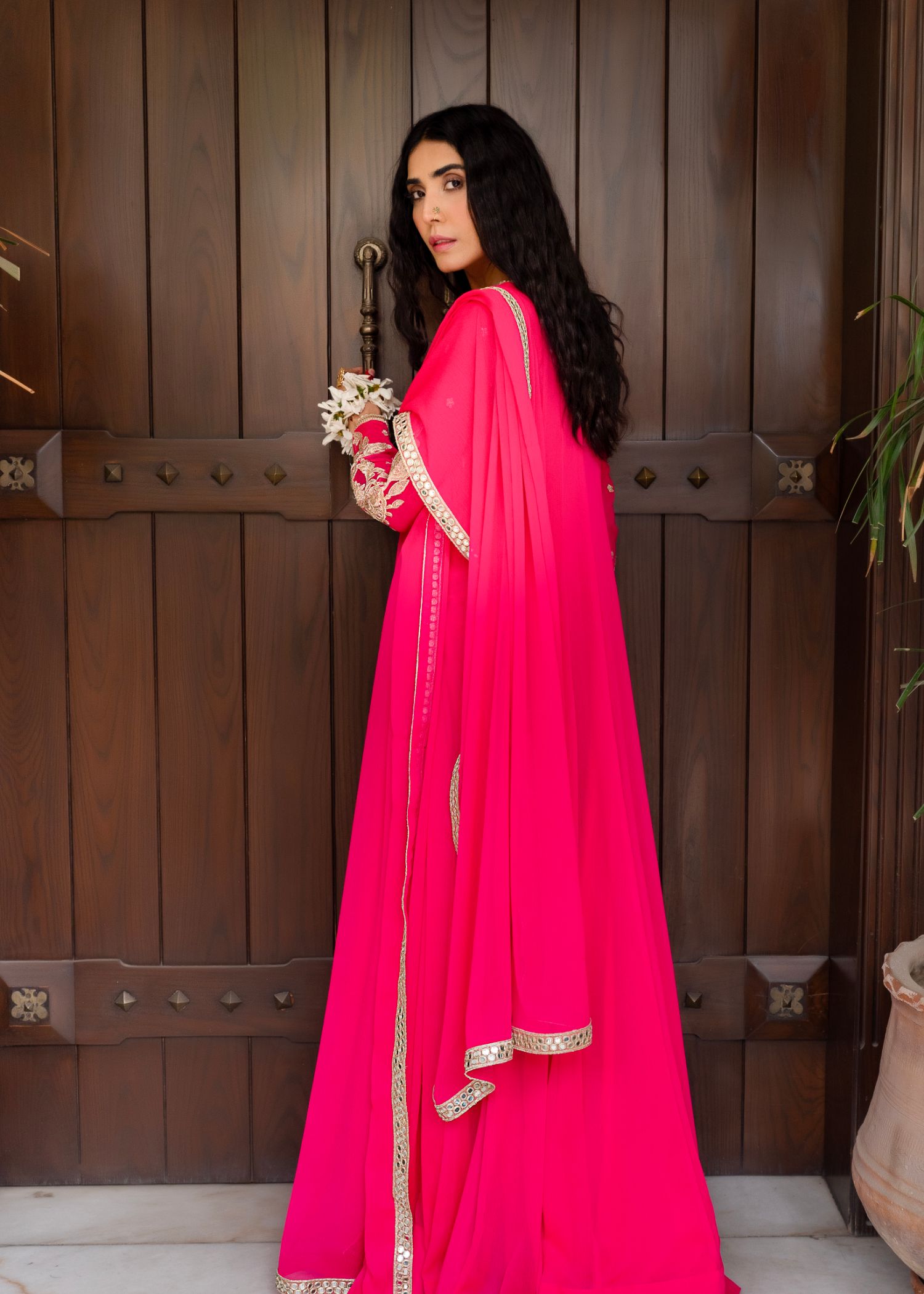 bemberg crinkle chiffon Maxi in Hot pink
