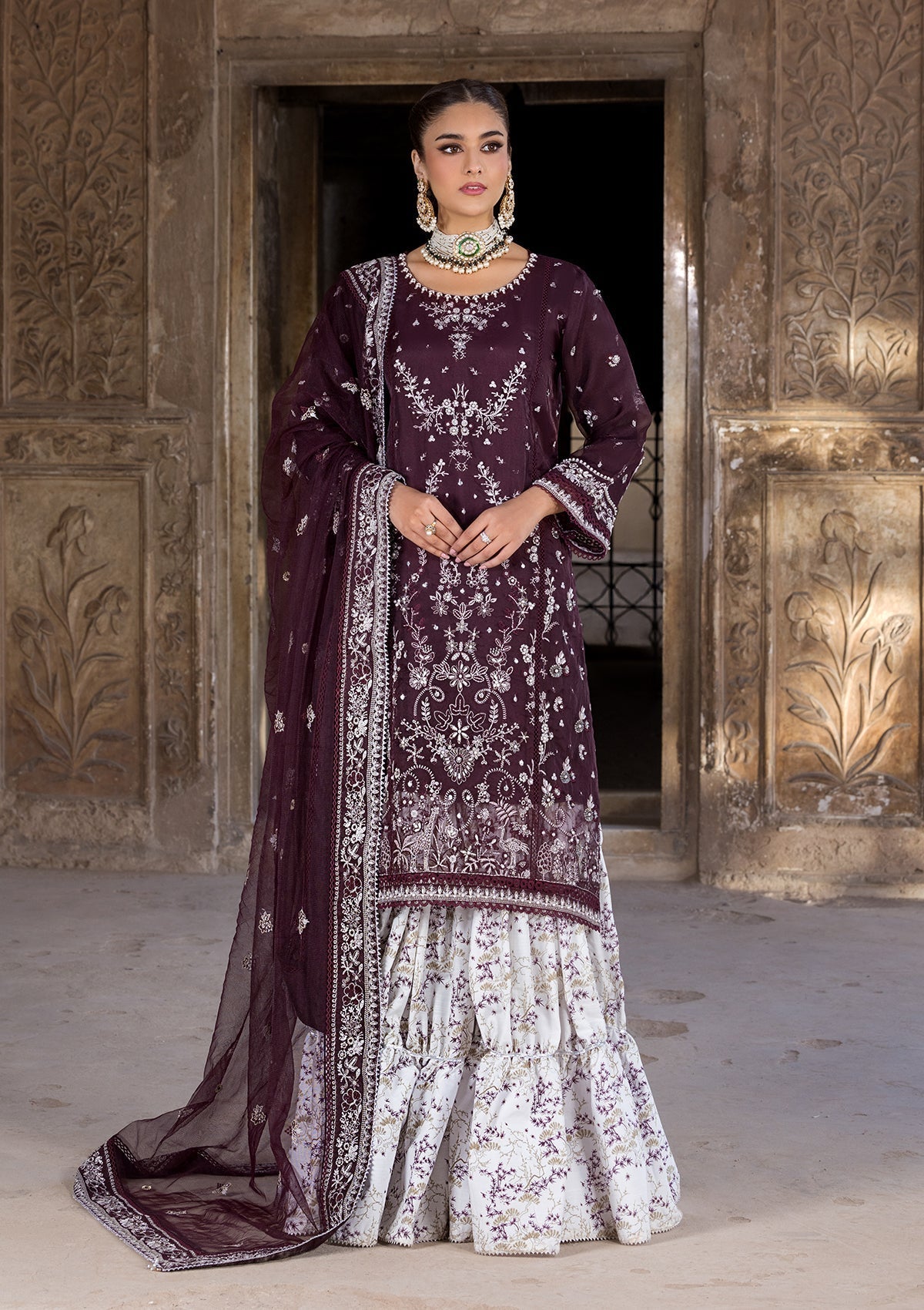 organza Gharara in Plum